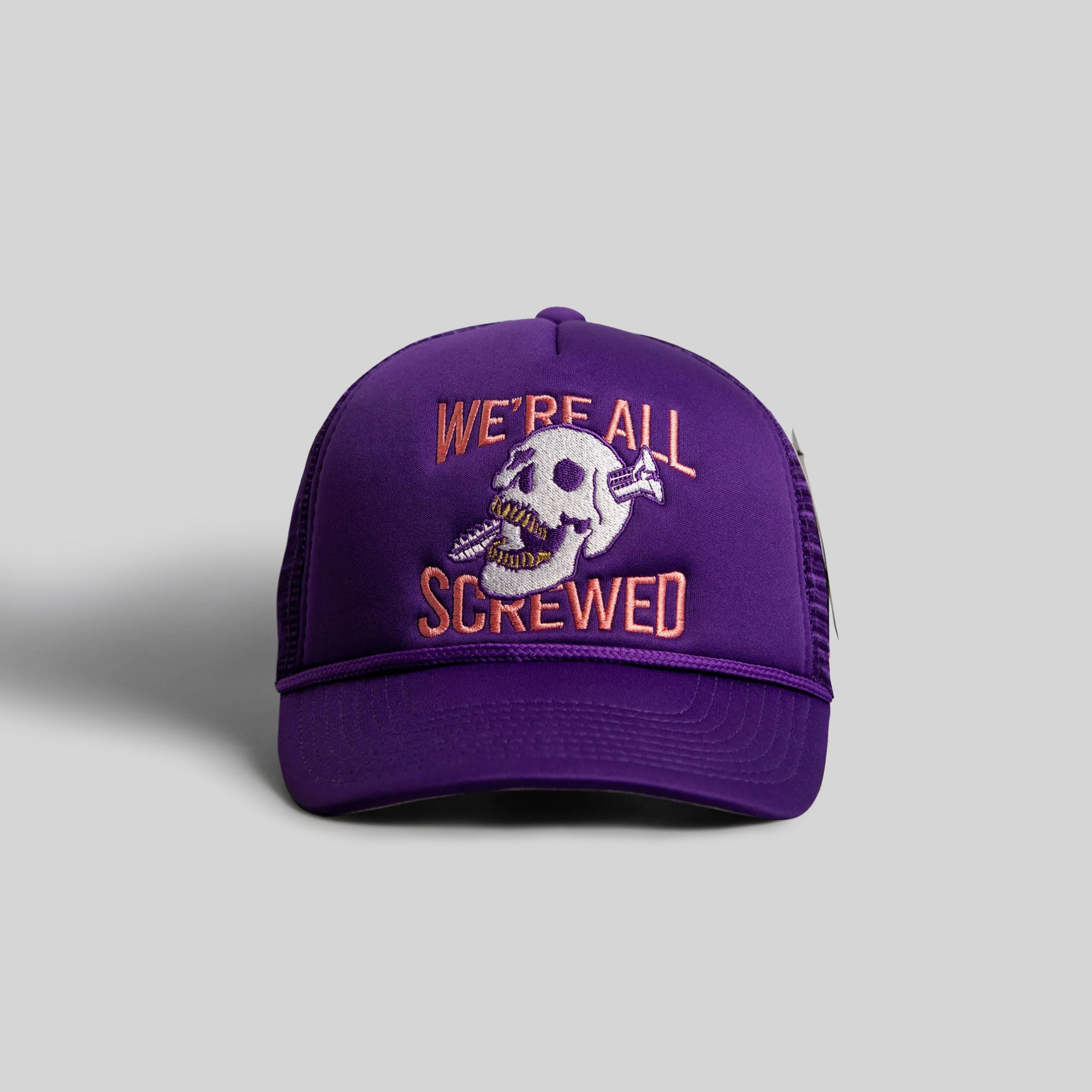 WE'RE ALL SCREWED PURPLE TRUCKER HAT