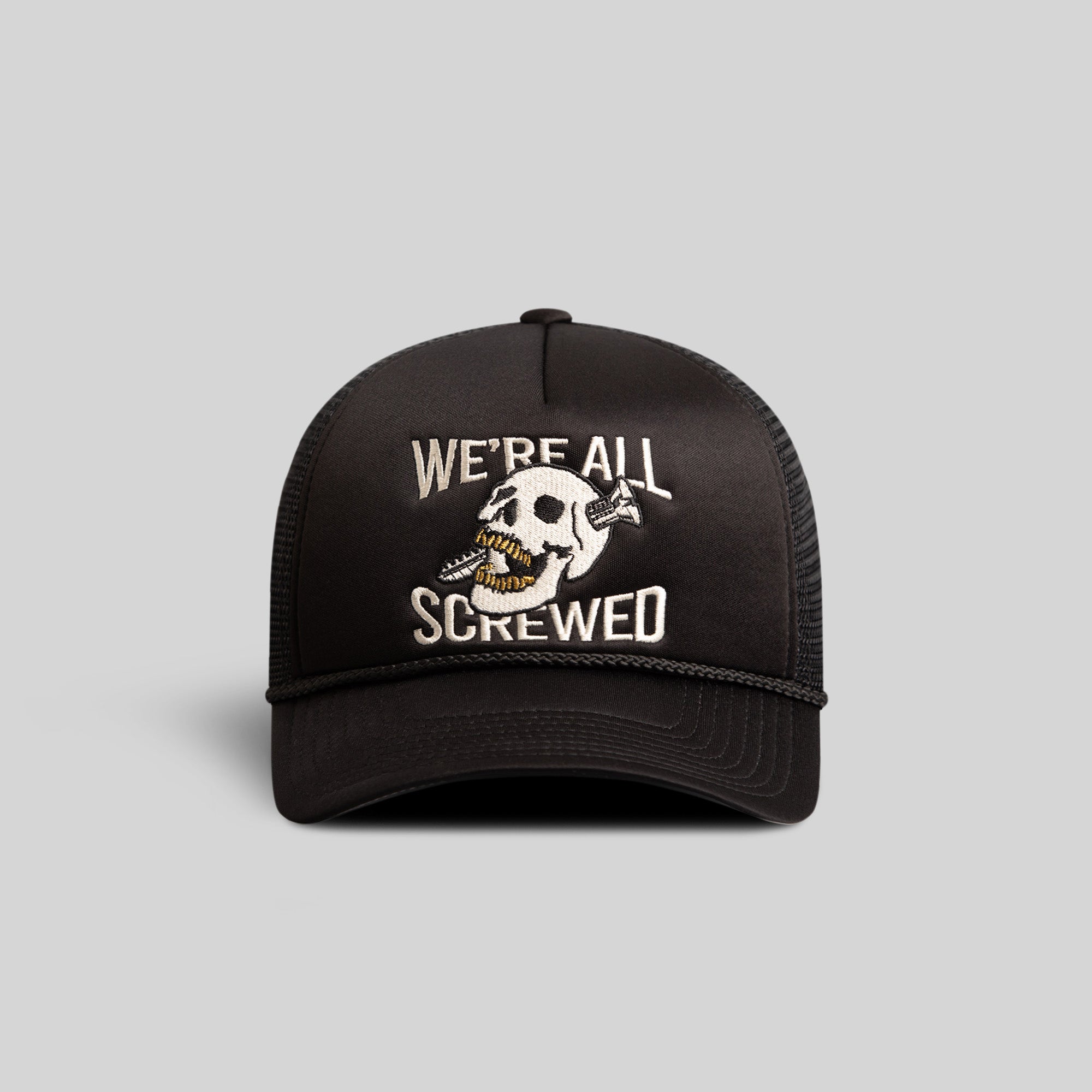 WE'RE ALL SCREWED BLACK TRUCKER HAT