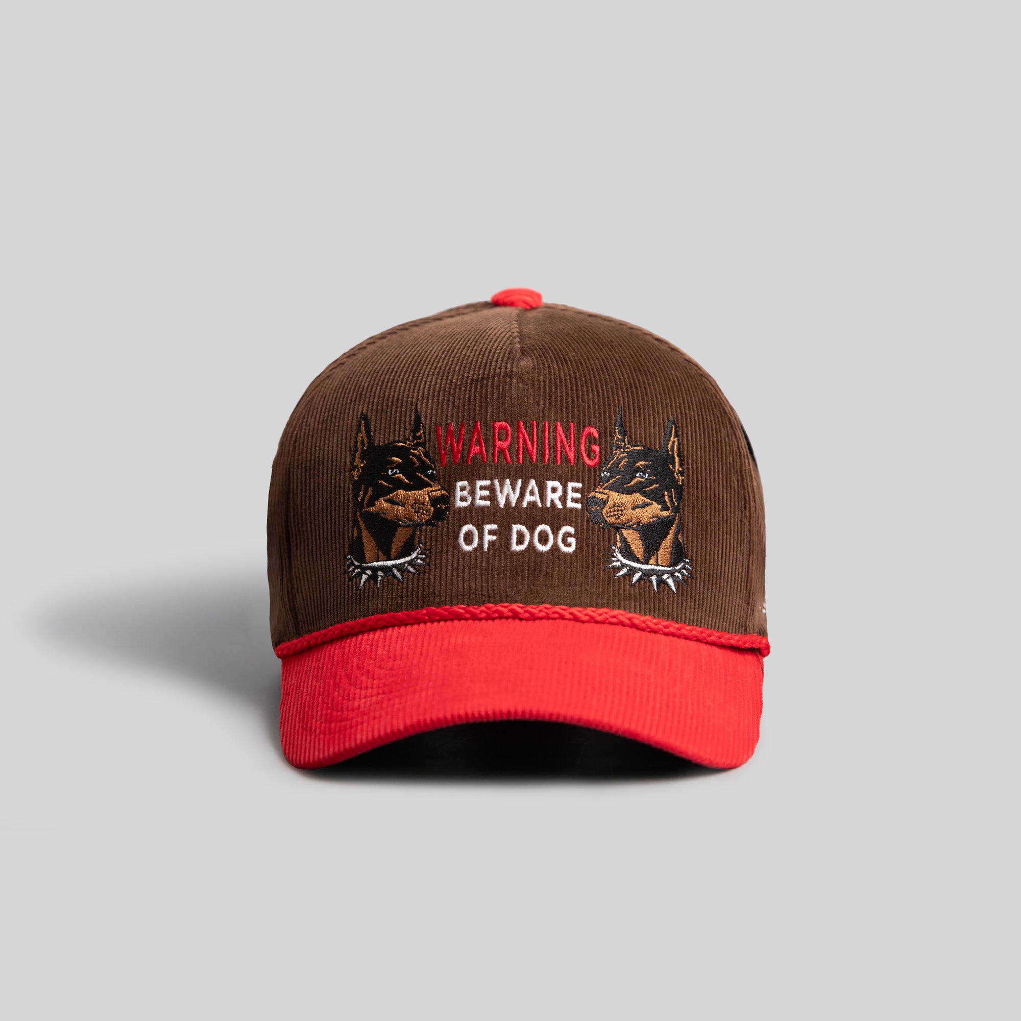 BEWARE OF DOG MOCHA/RED CORDUROY TRUCKER HAT