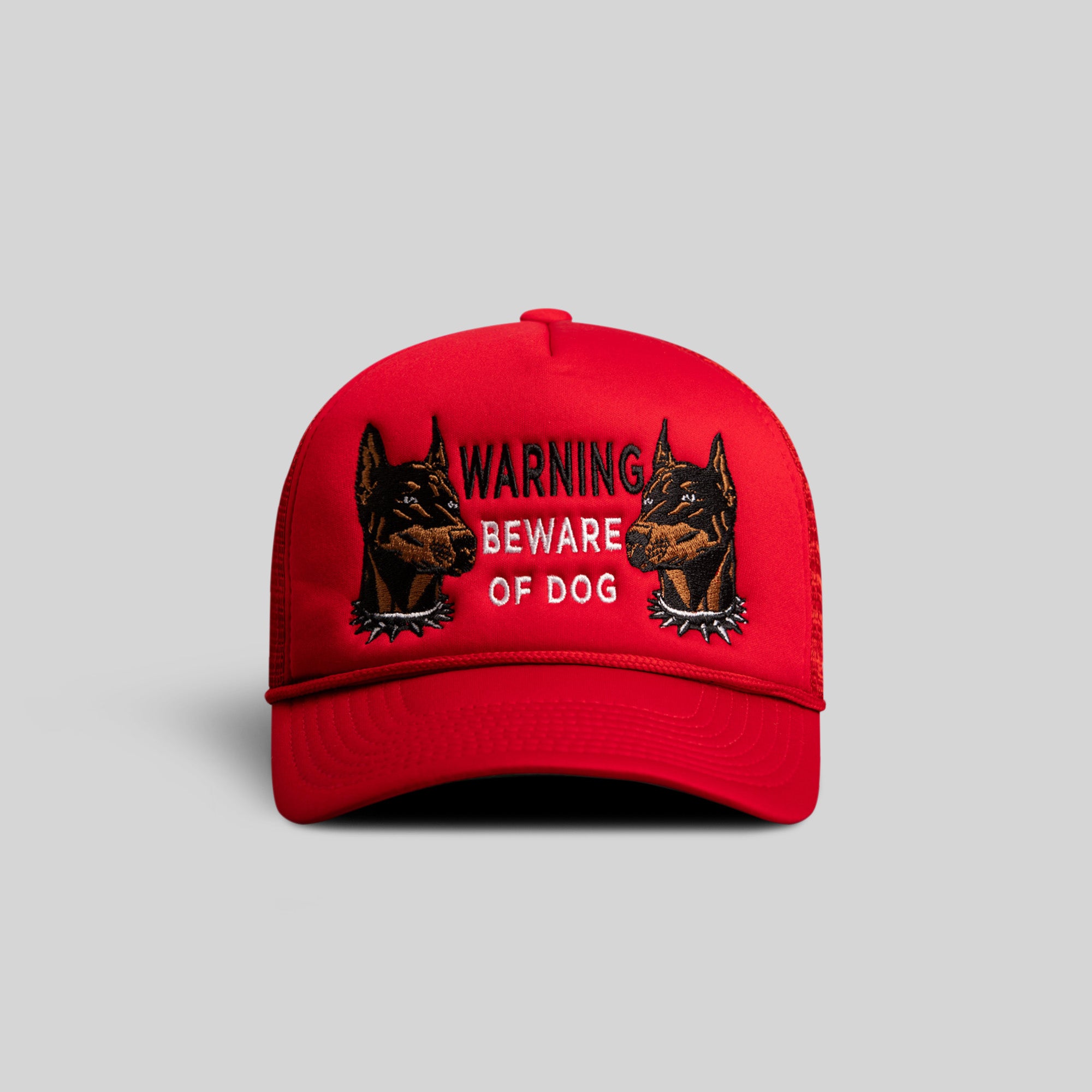 BEWARE OF DOG RED TRUCKER HAT