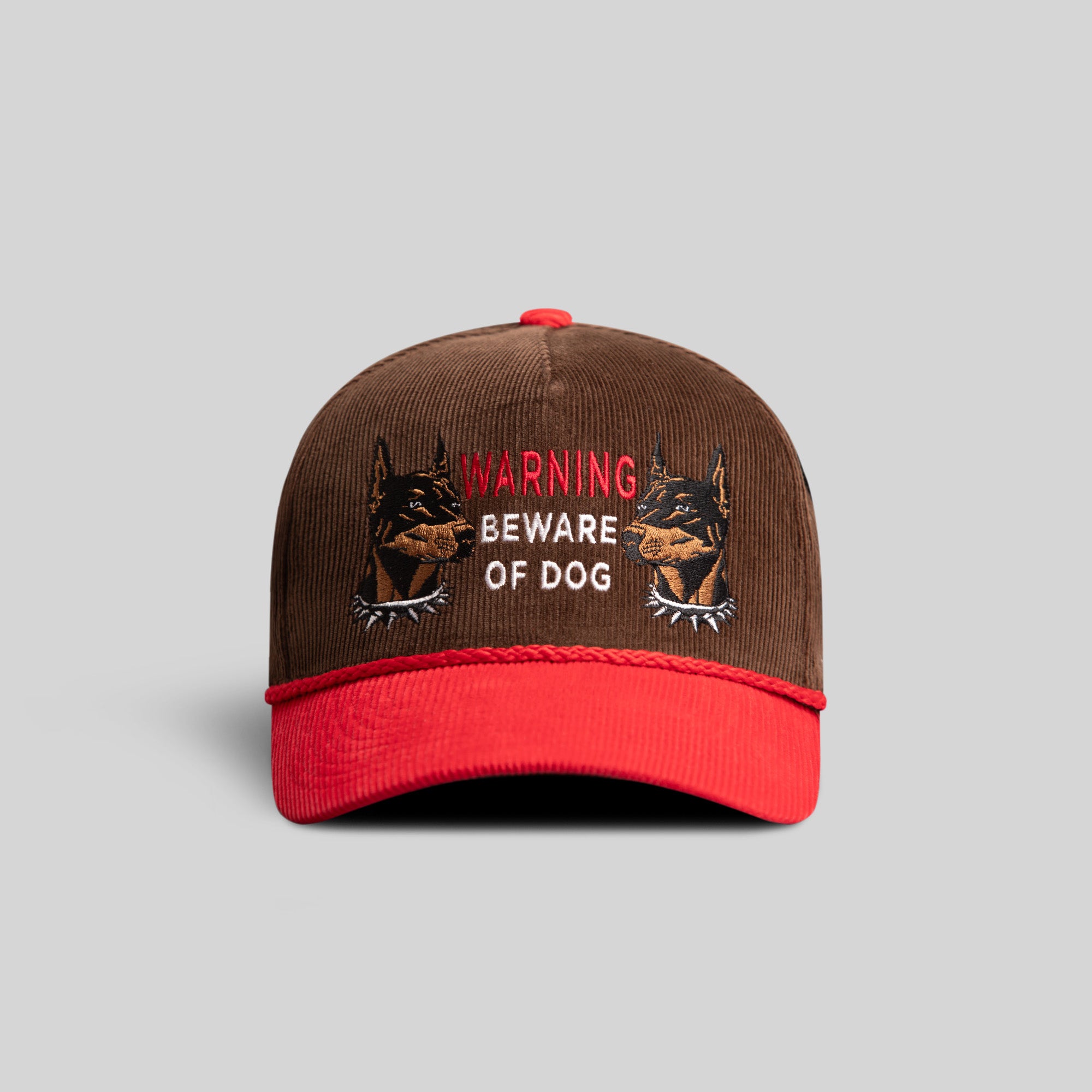 BEWARE OF DOG MOCHA/RED CORDUROY TRUCKER HAT