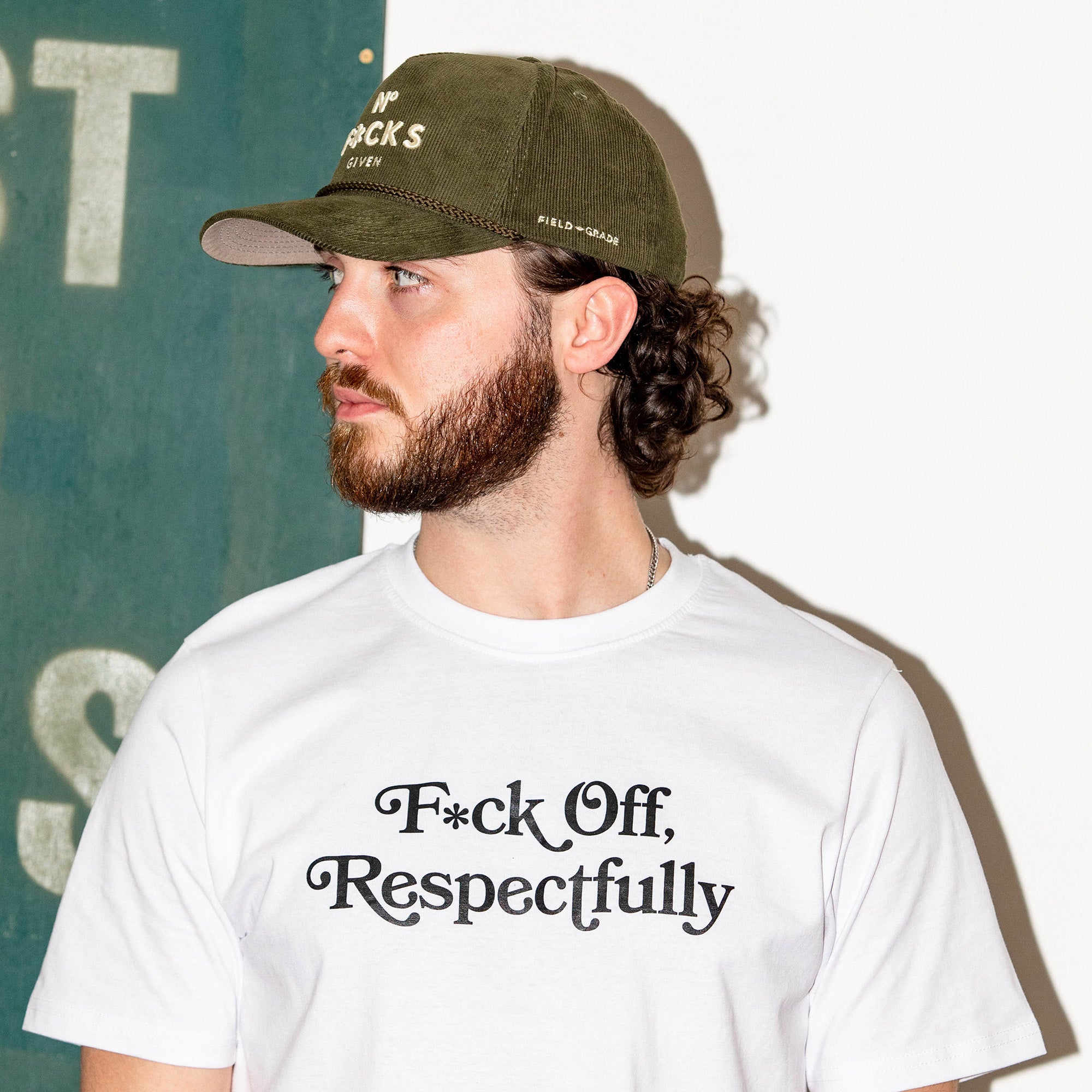NO F*CKS GIVEN OLIVE CORDUROY TRUCKER HAT
