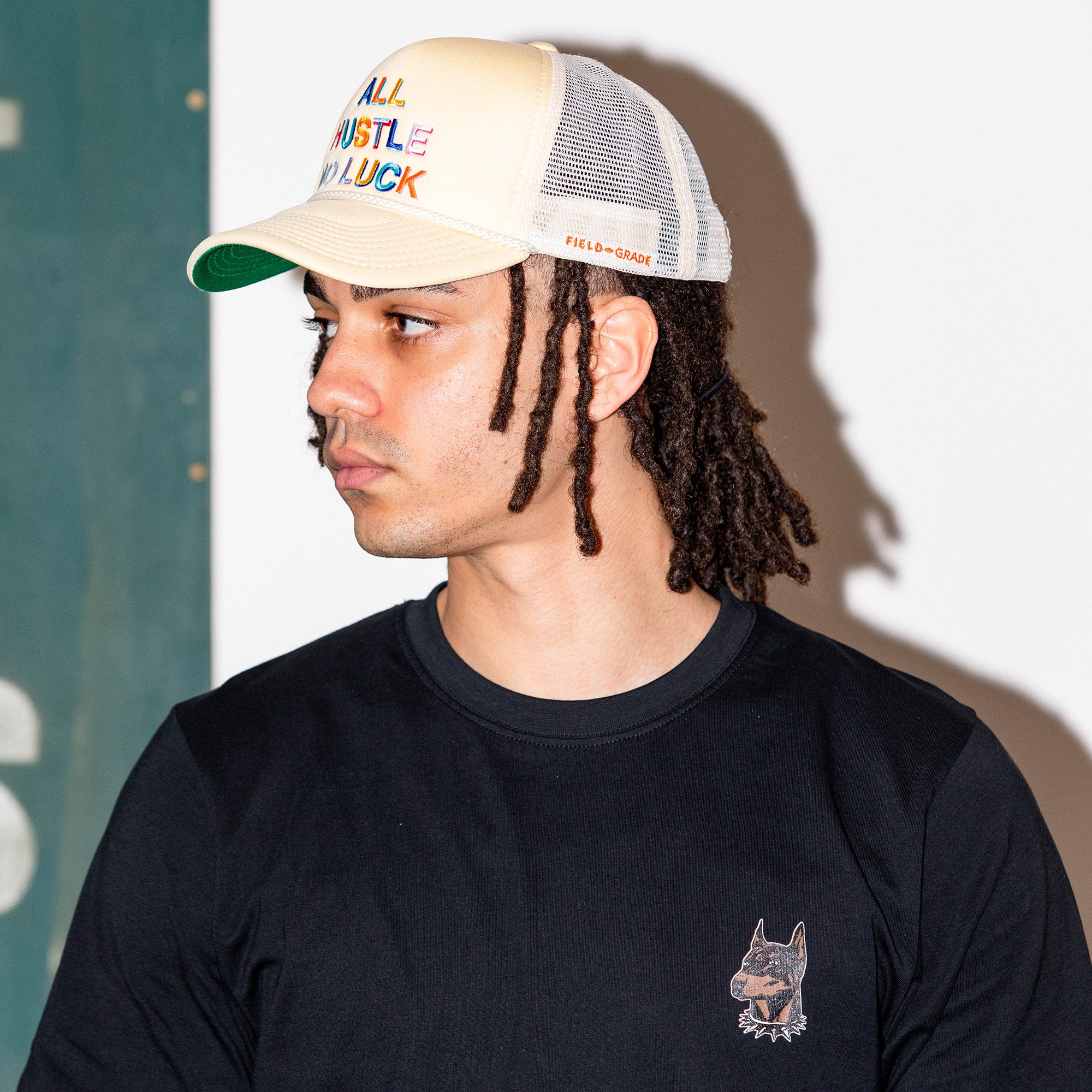 ALL HUSTLE NO LUCK SAND TRUCKER HAT