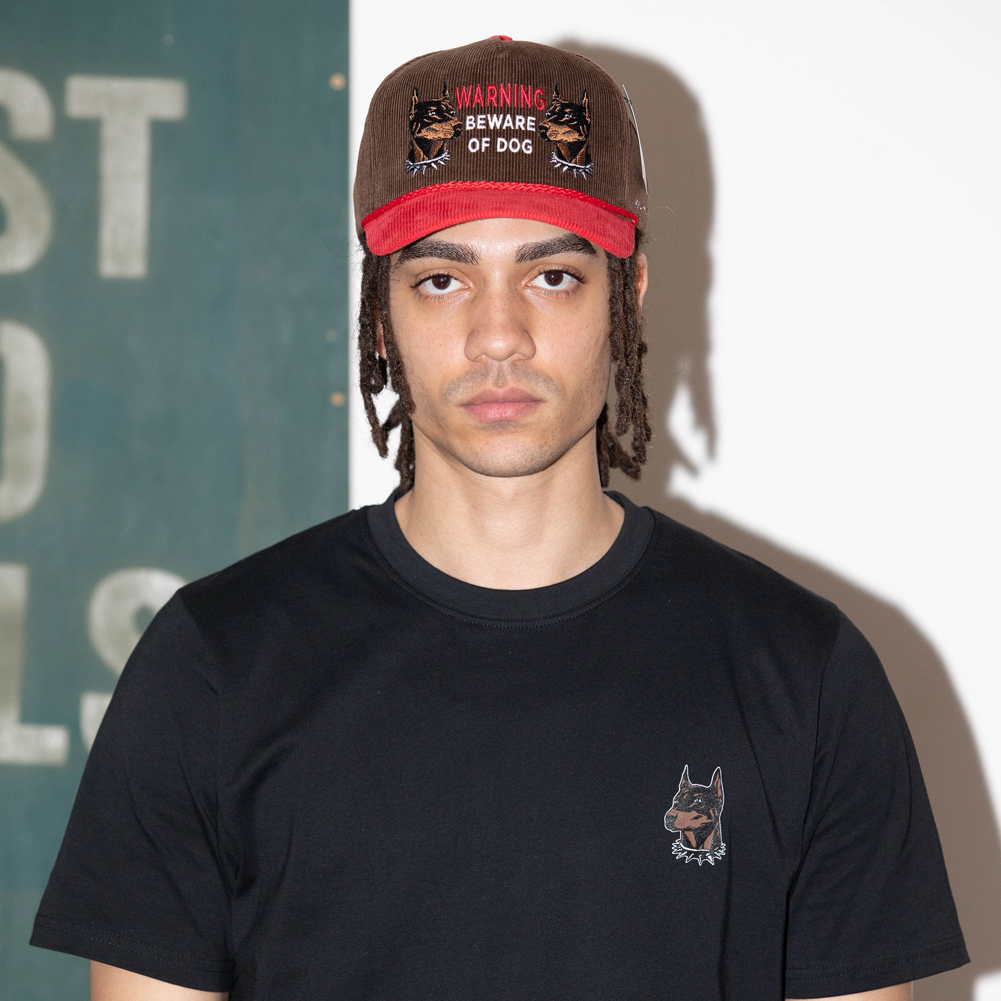 BEWARE OF DOG MOCHA/RED CORDUROY TRUCKER HAT