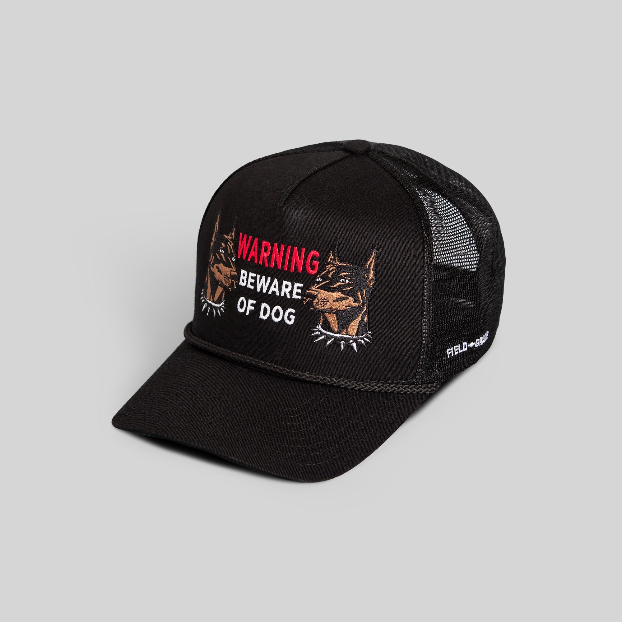 BEWARE OF DOG BLACK TWILL MESHBACK TRUCKER HAT