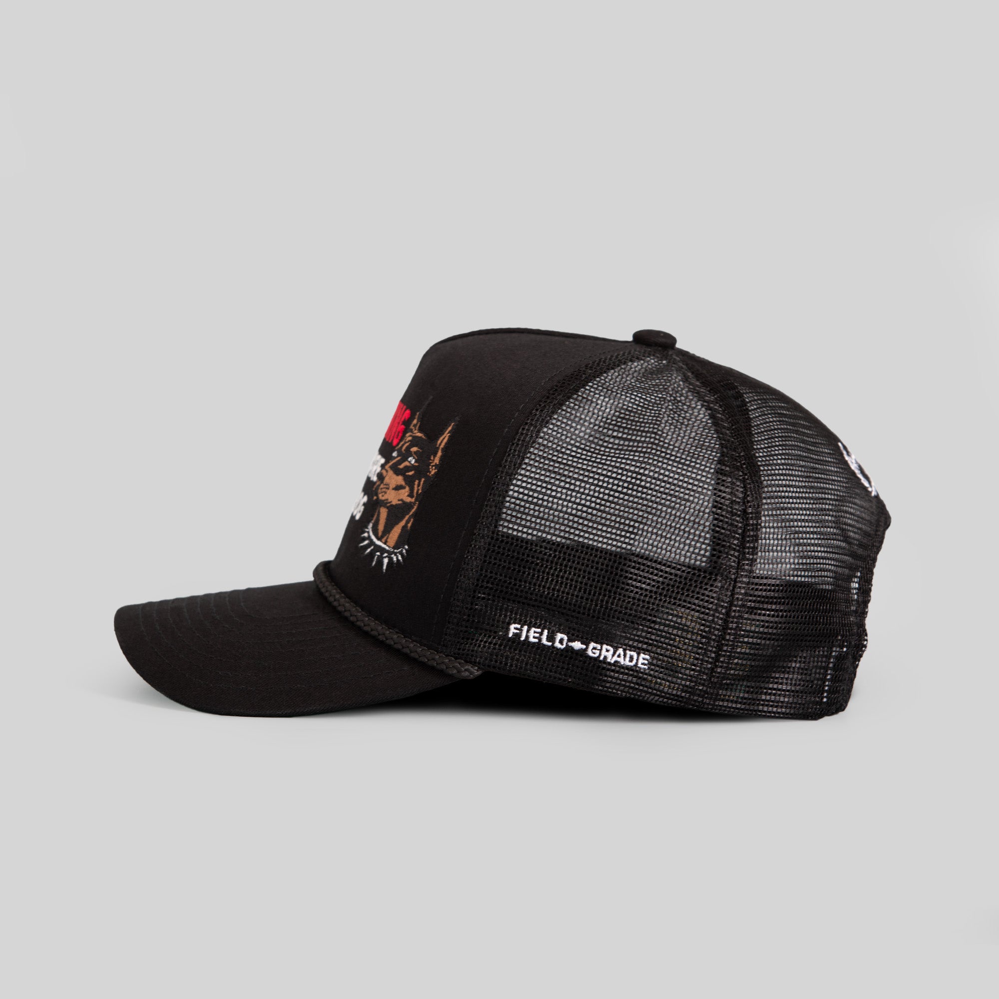 BEWARE OF DOG BLACK TWILL MESHBACK TRUCKER HAT