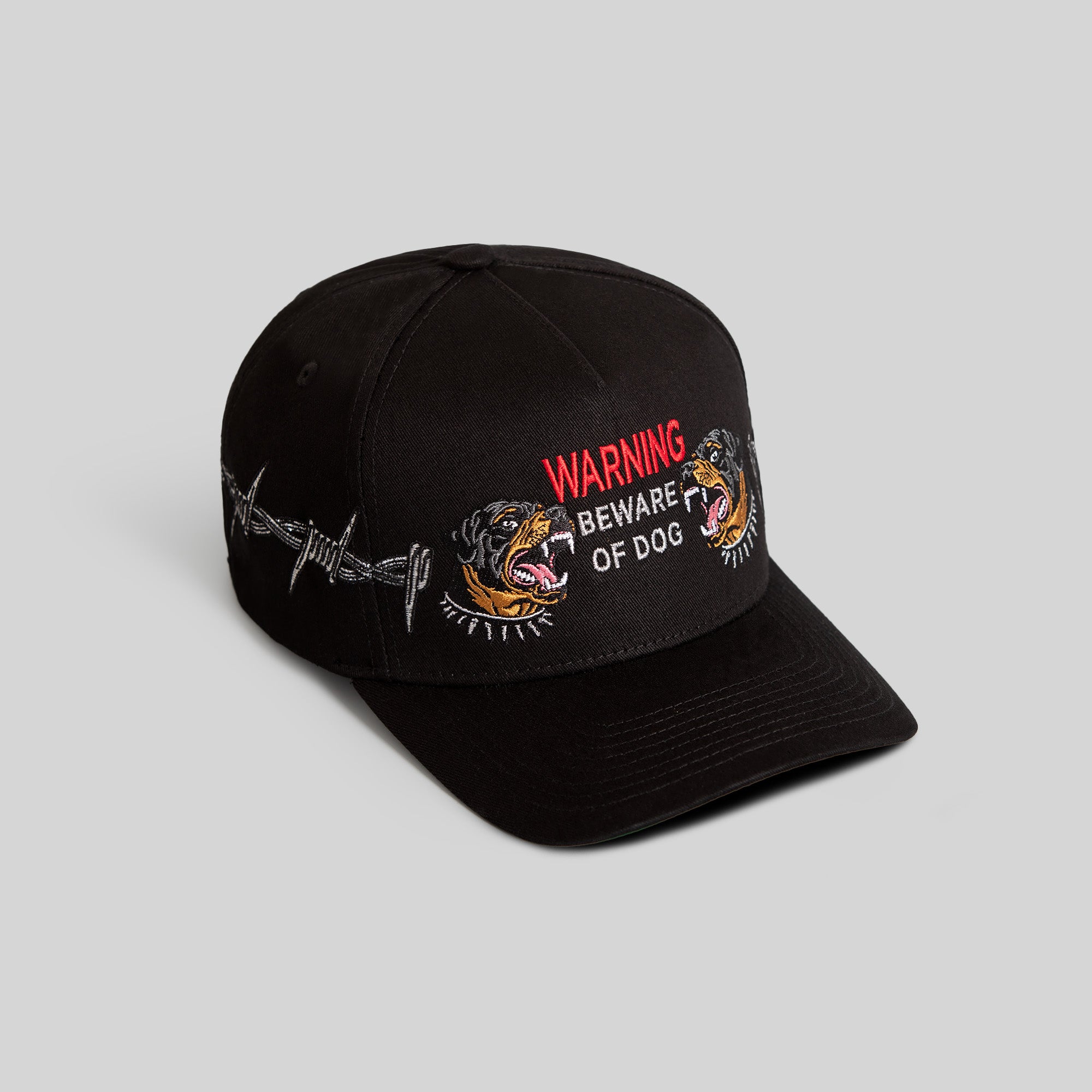 BEWARE OF ROTTY BARBED WIRE BLACK TWILL TRUCKER
