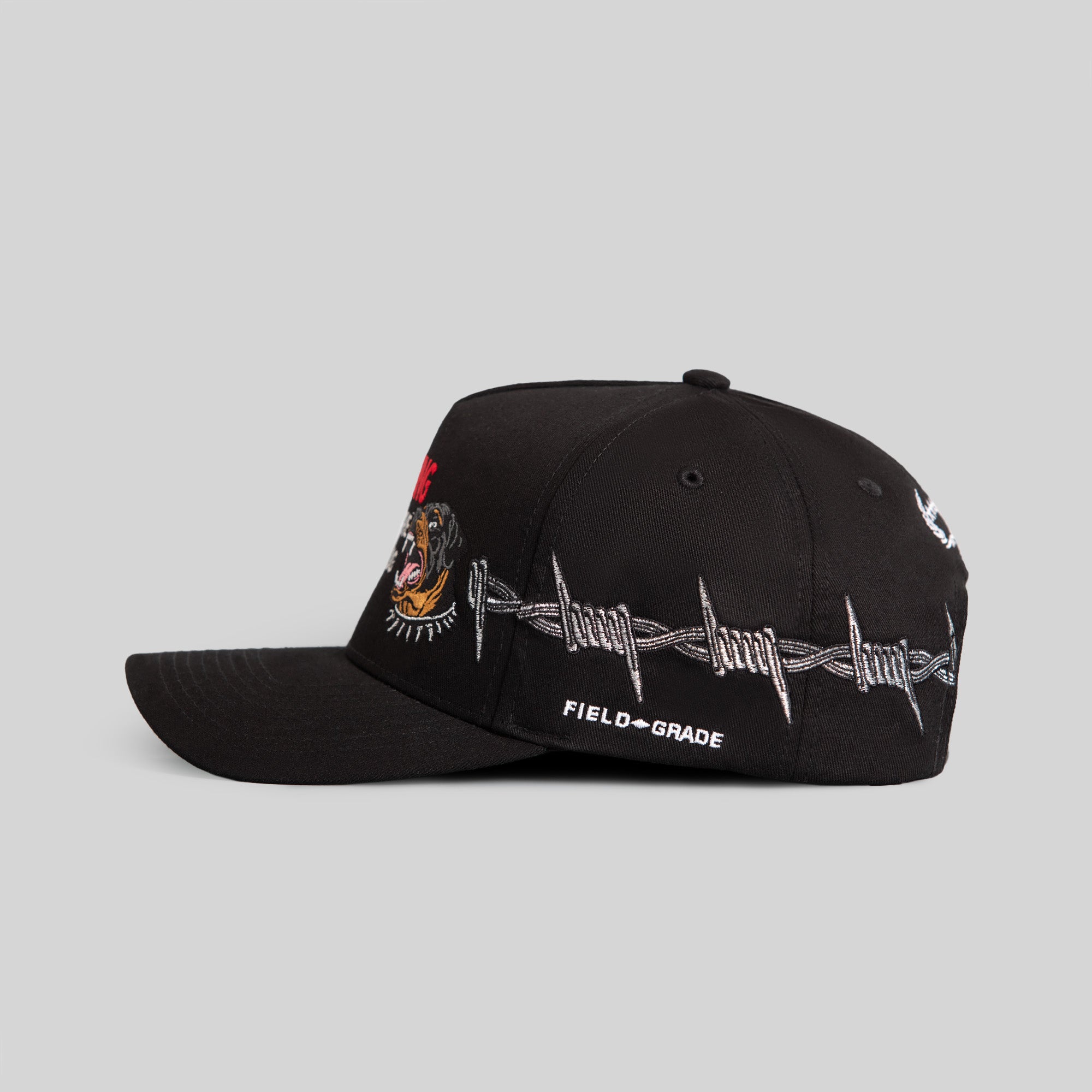 BEWARE OF ROTTY BARBED WIRE BLACK TWILL TRUCKER