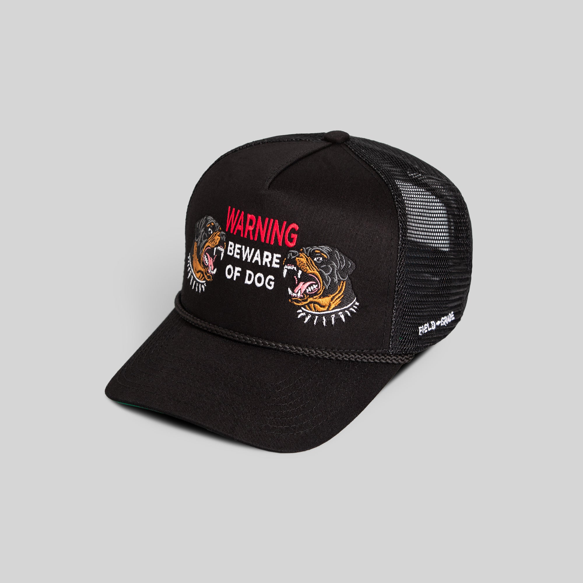BEWARE OF ROTTY BLACK TWILL MESHBACK TRUCKER HAT