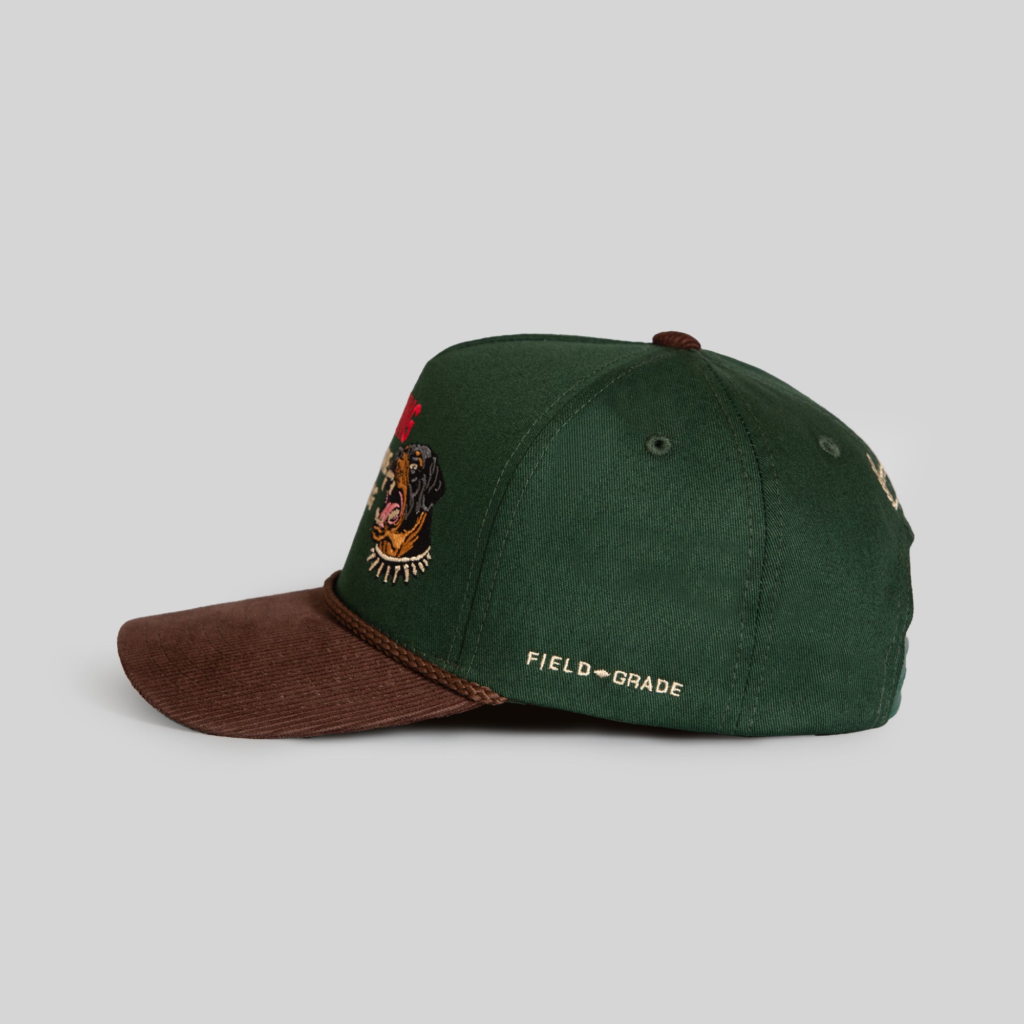 BEWARE OF ROTTY FG GREEN MOCHA TWILL CORDUROY TRUCKER