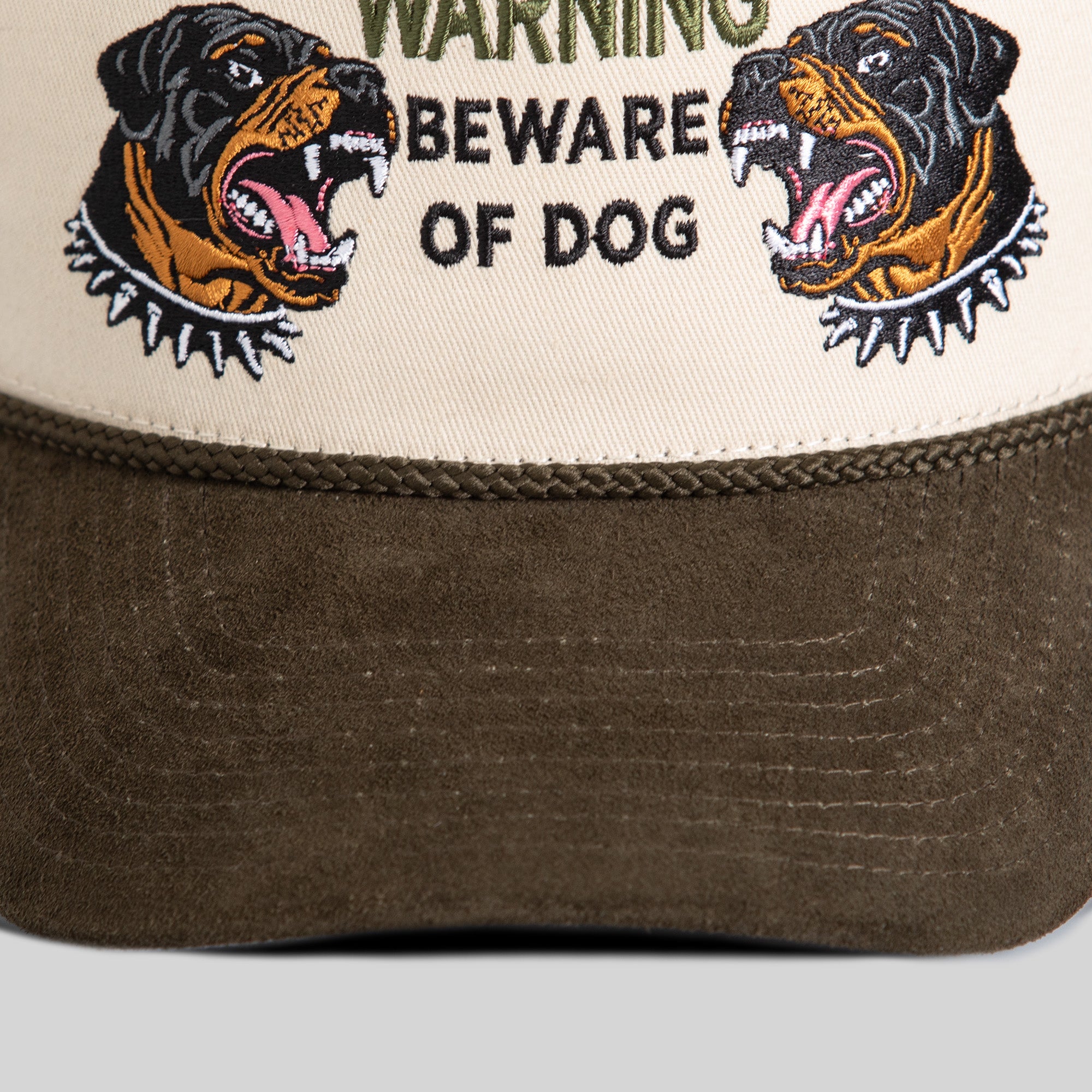 BEWARE OF ROTTY SAND OLIVE TWILL SUEDE TRUCKER