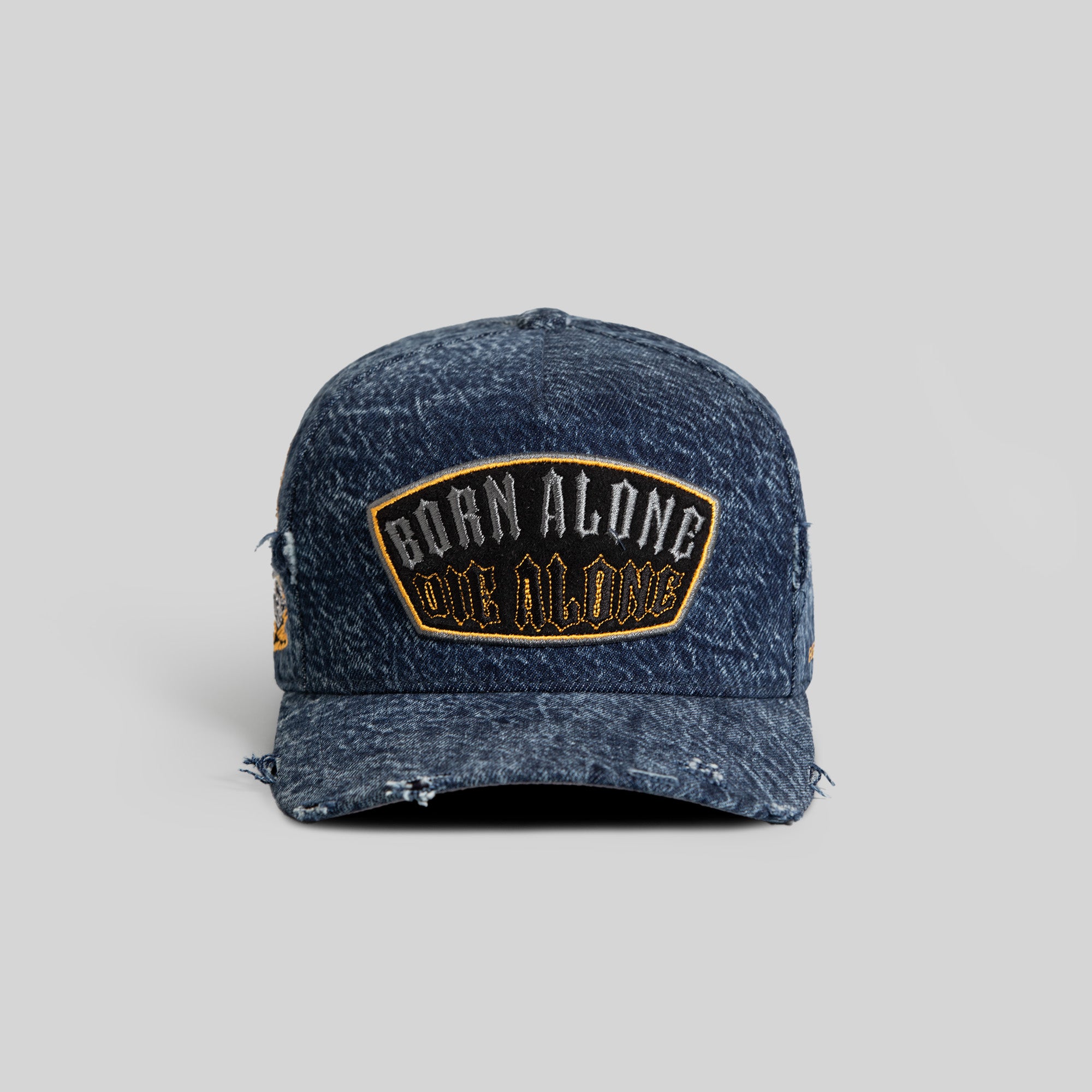 BORN ALONE BLUE DISTRESSED DENIM TRUCKER