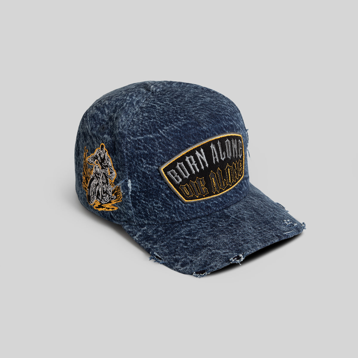 BORN ALONE BLUE DISTRESSED DENIM TRUCKER display picture 3