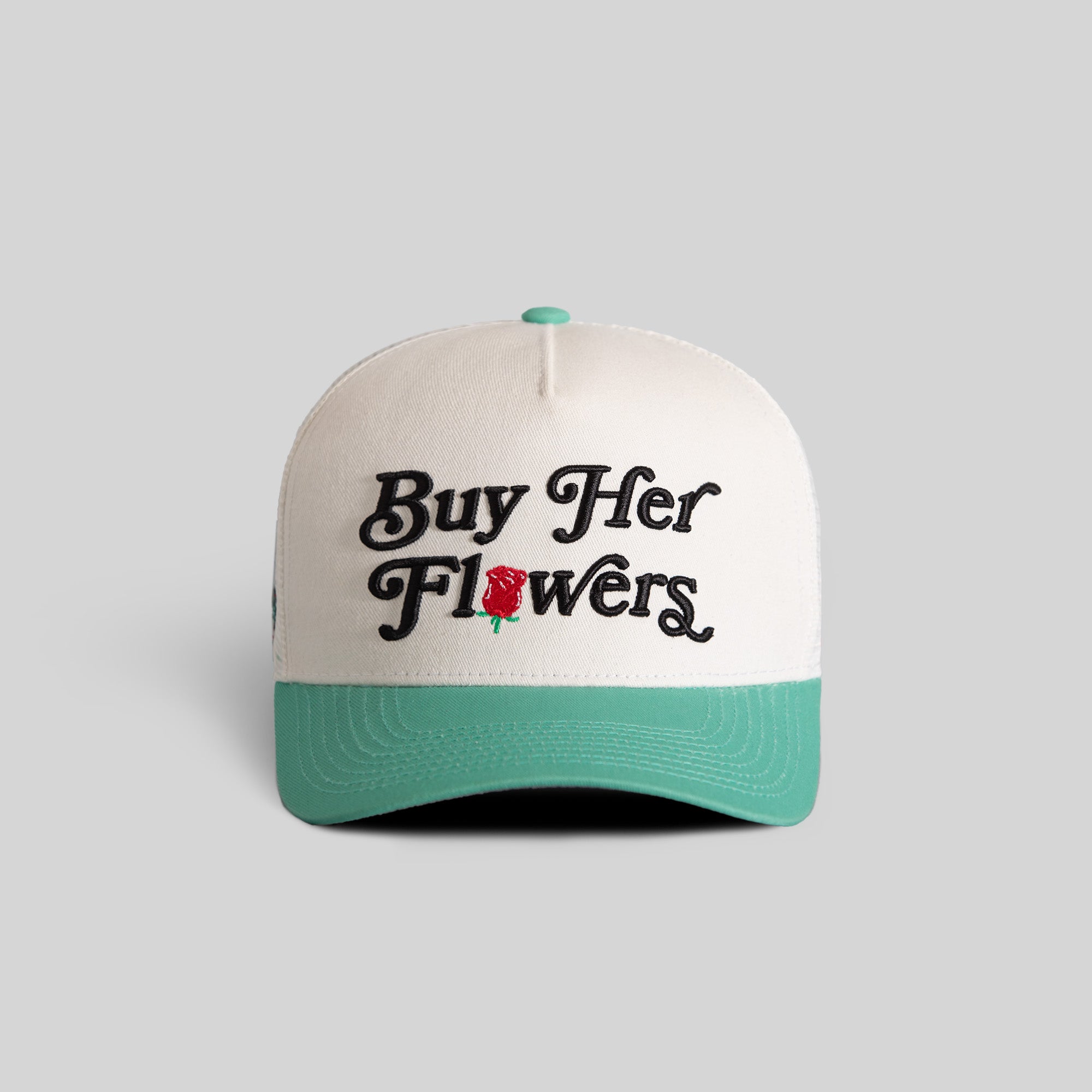 BUY HER FLOWERS OFF WHITE MINT TWILL MESH TRUCKER