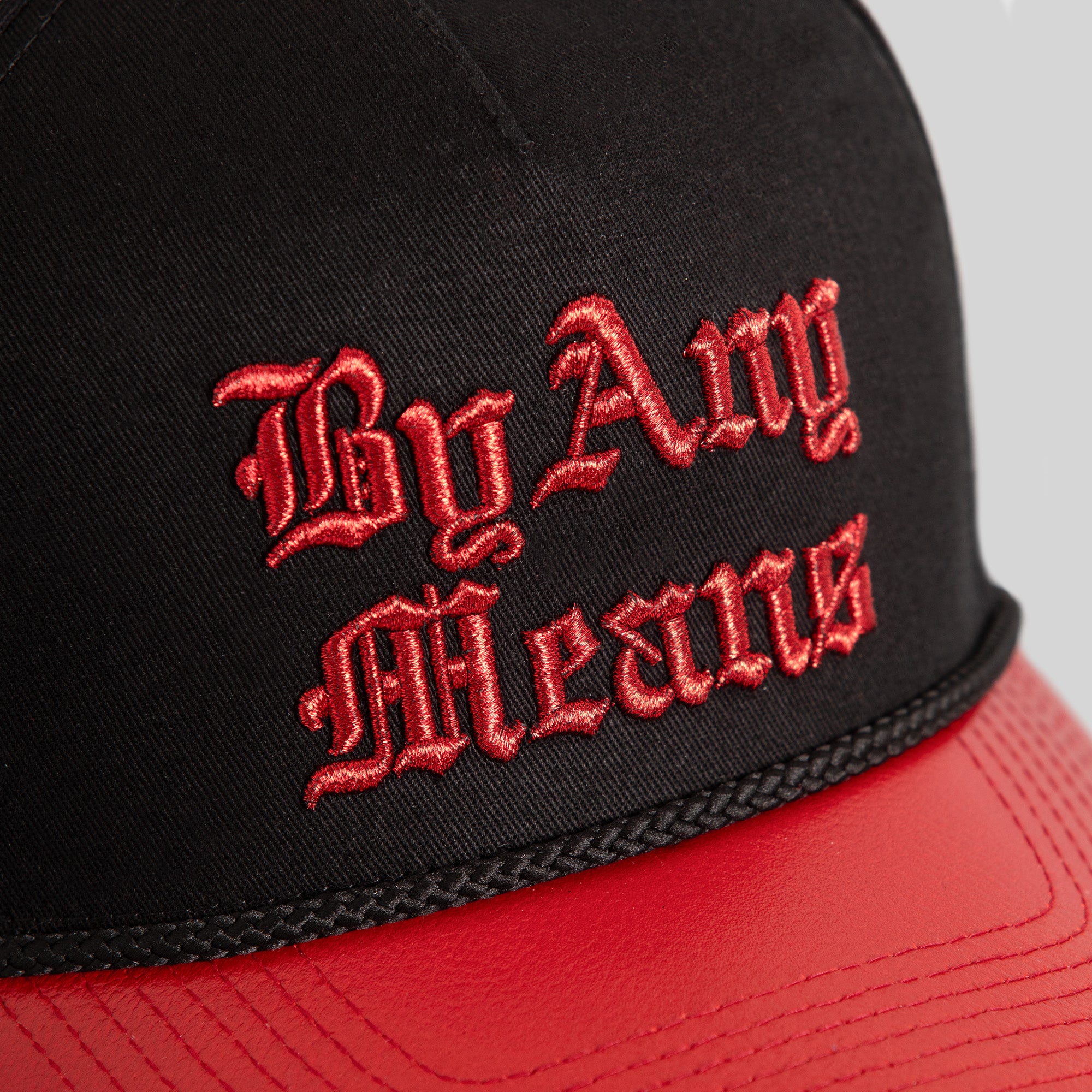 BY ANY MEANS BLACK RED TWILL CAVIAR LEATHER TRUCKER