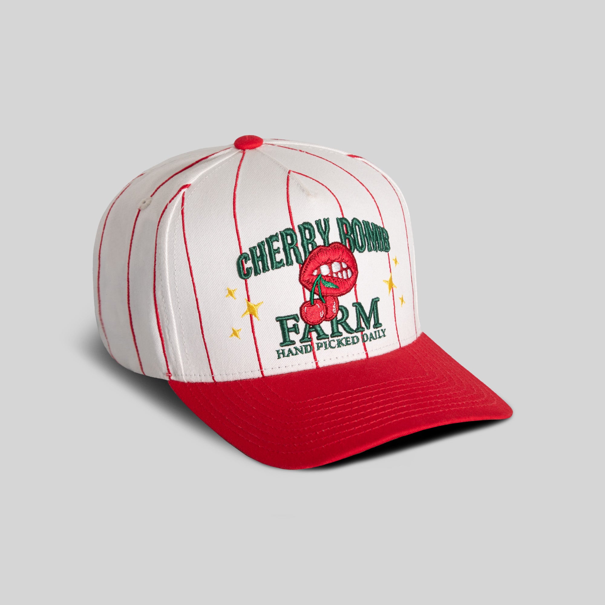 CHERRY BOMB PINSTRIPE TWILL TRUCKER