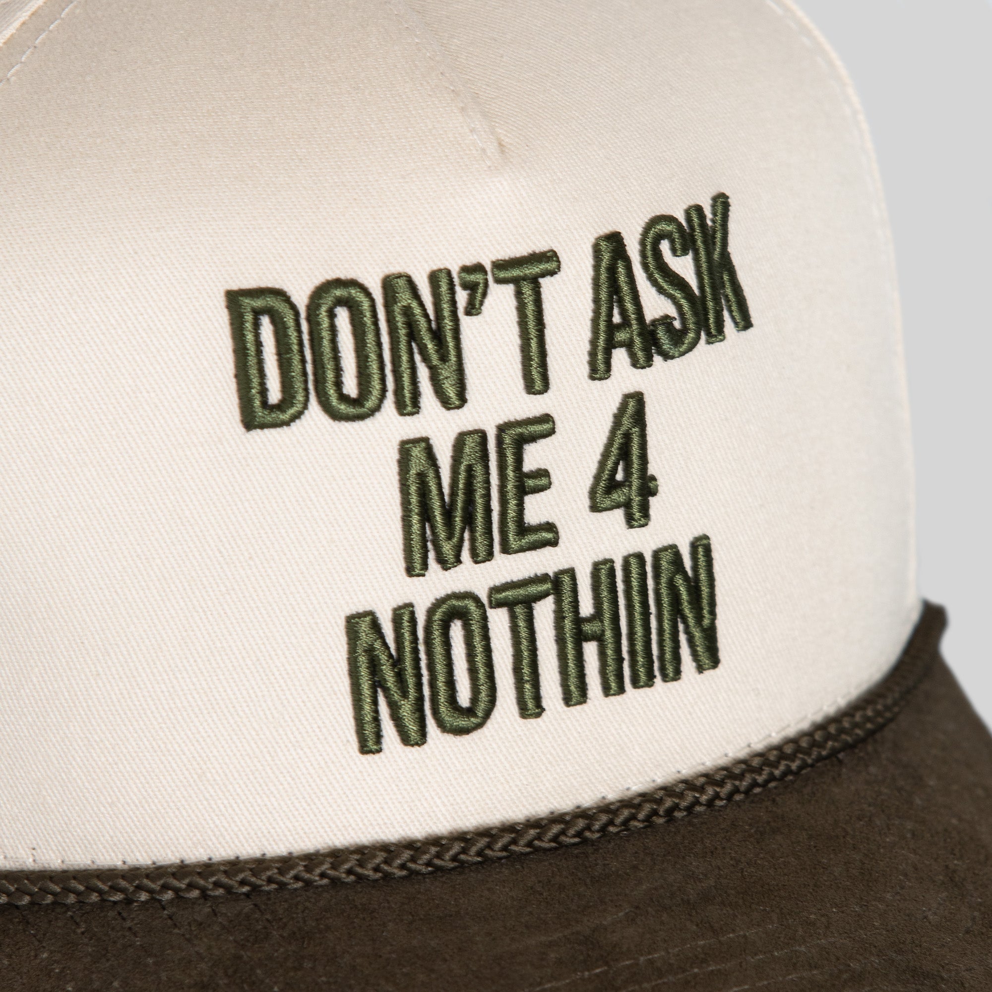 DON'T ASK ME SAND OLIVE TWILL SUEDE TRUCKER
