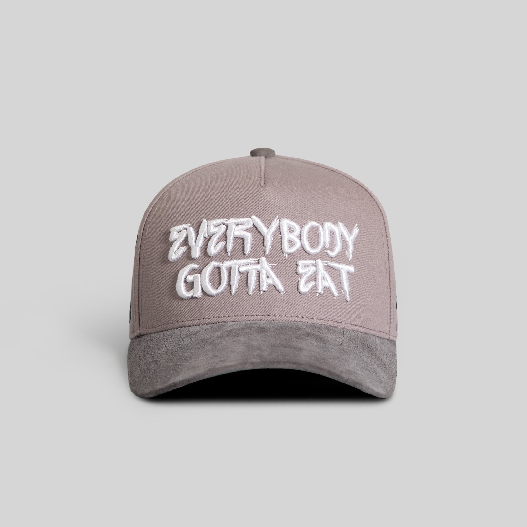 EVERYBODY GOTTA EAT GREYSCALE TWILL SUEDE TRUCKER