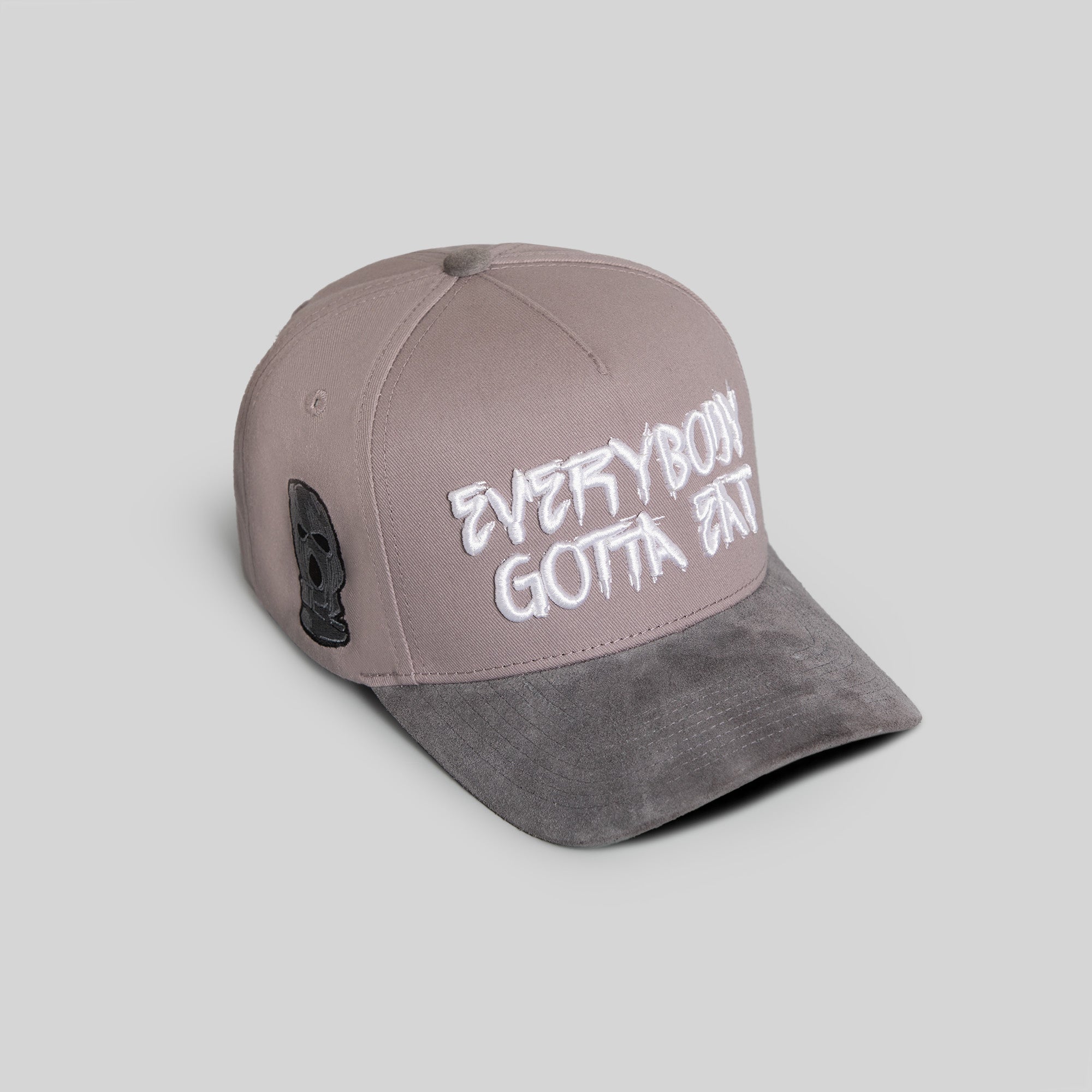 EVERYBODY GOTTA EAT GREYSCALE TWILL SUEDE TRUCKER