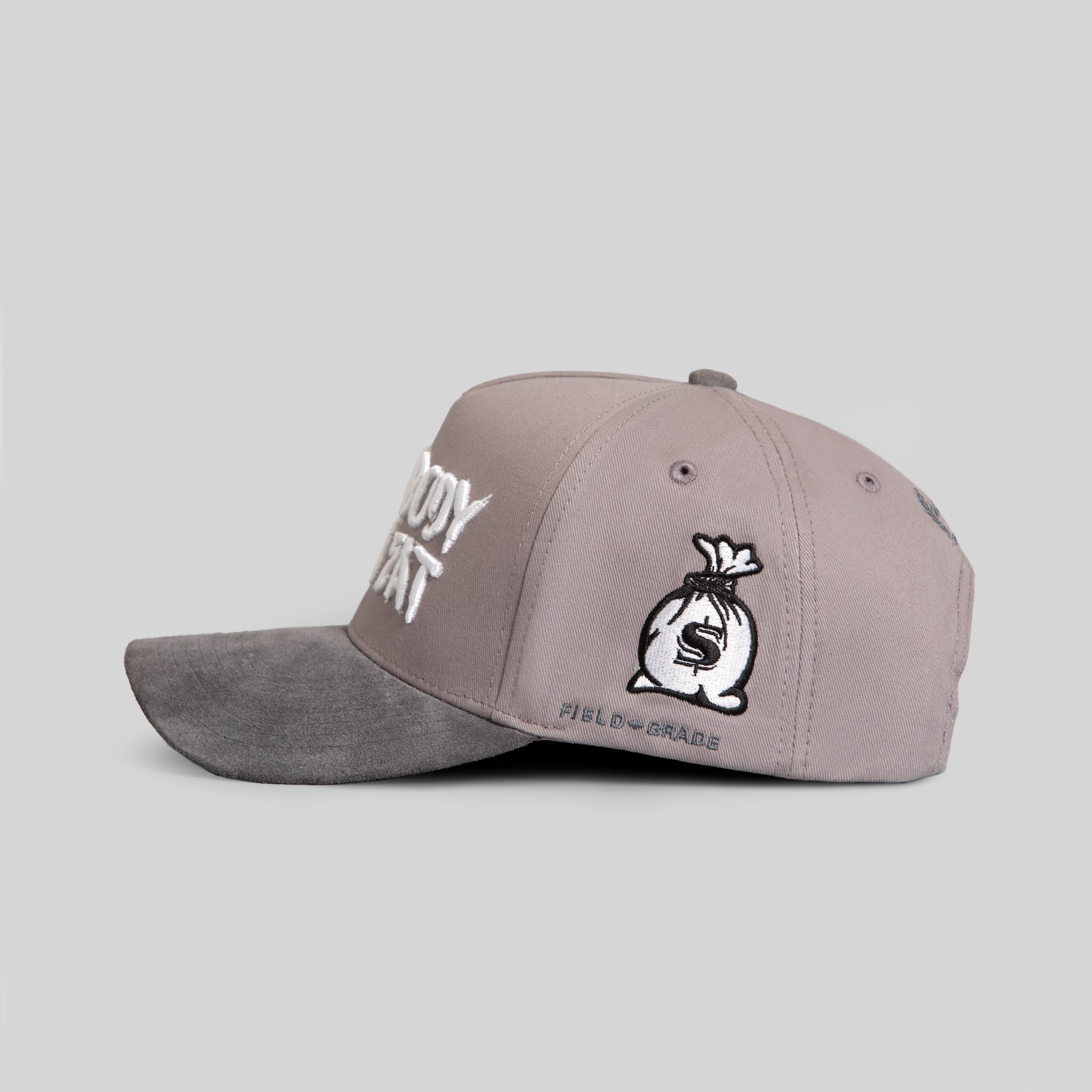 EVERYBODY GOTTA EAT GREYSCALE TWILL SUEDE TRUCKER