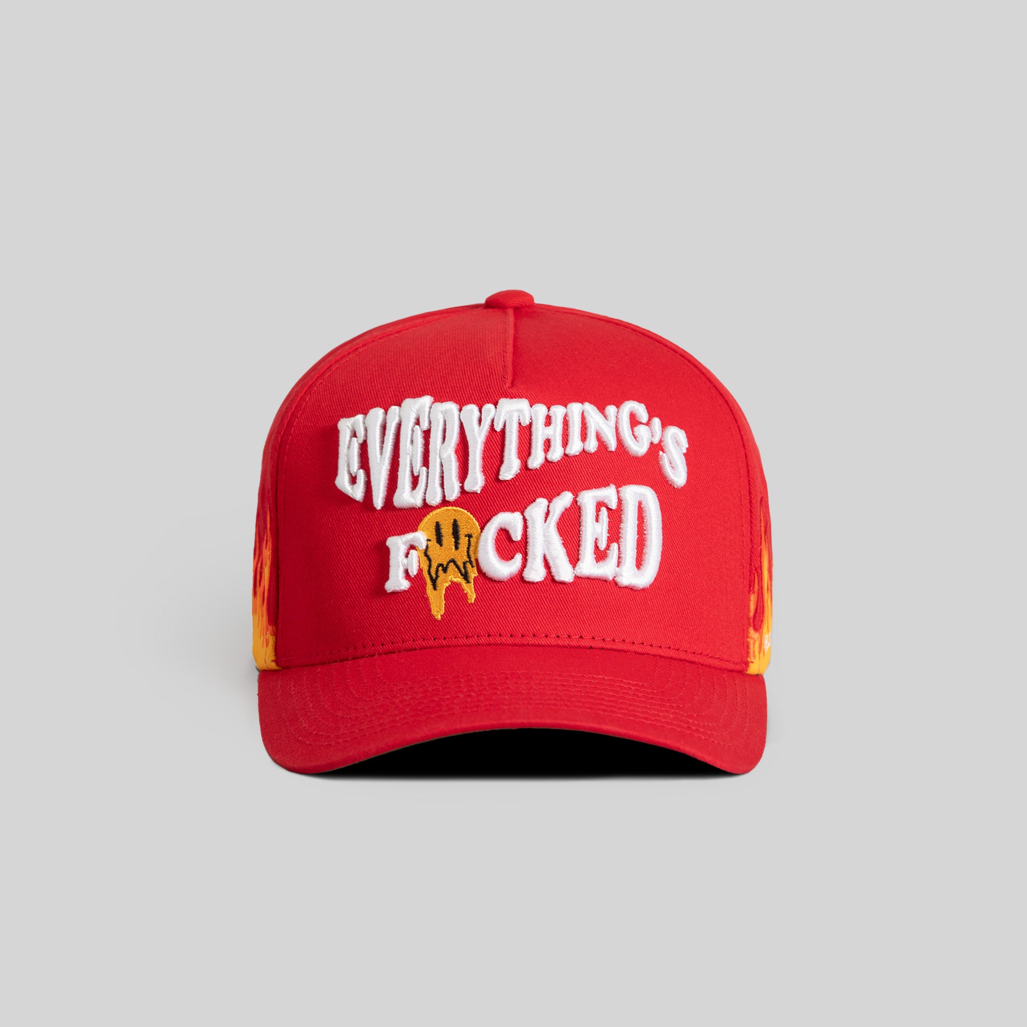 EVERYTHINGS F*CKED FLAMES VARSITY RED TWILL TRUCKER