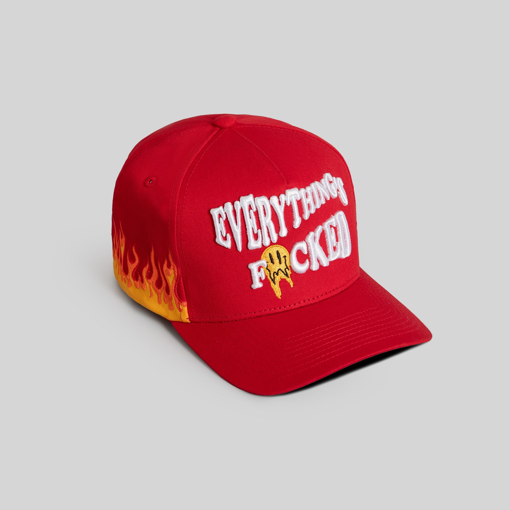 EVERYTHINGS F*CKED FLAMES VARSITY RED TWILL TRUCKER