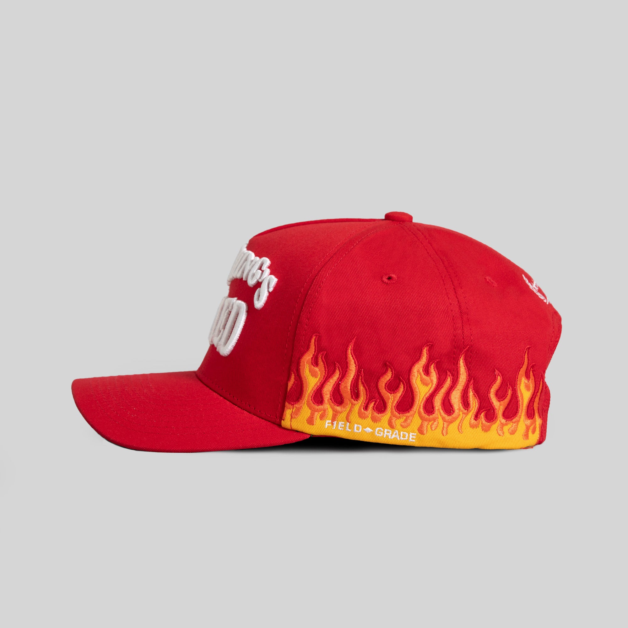 EVERYTHINGS F*CKED FLAMES VARSITY RED TWILL TRUCKER
