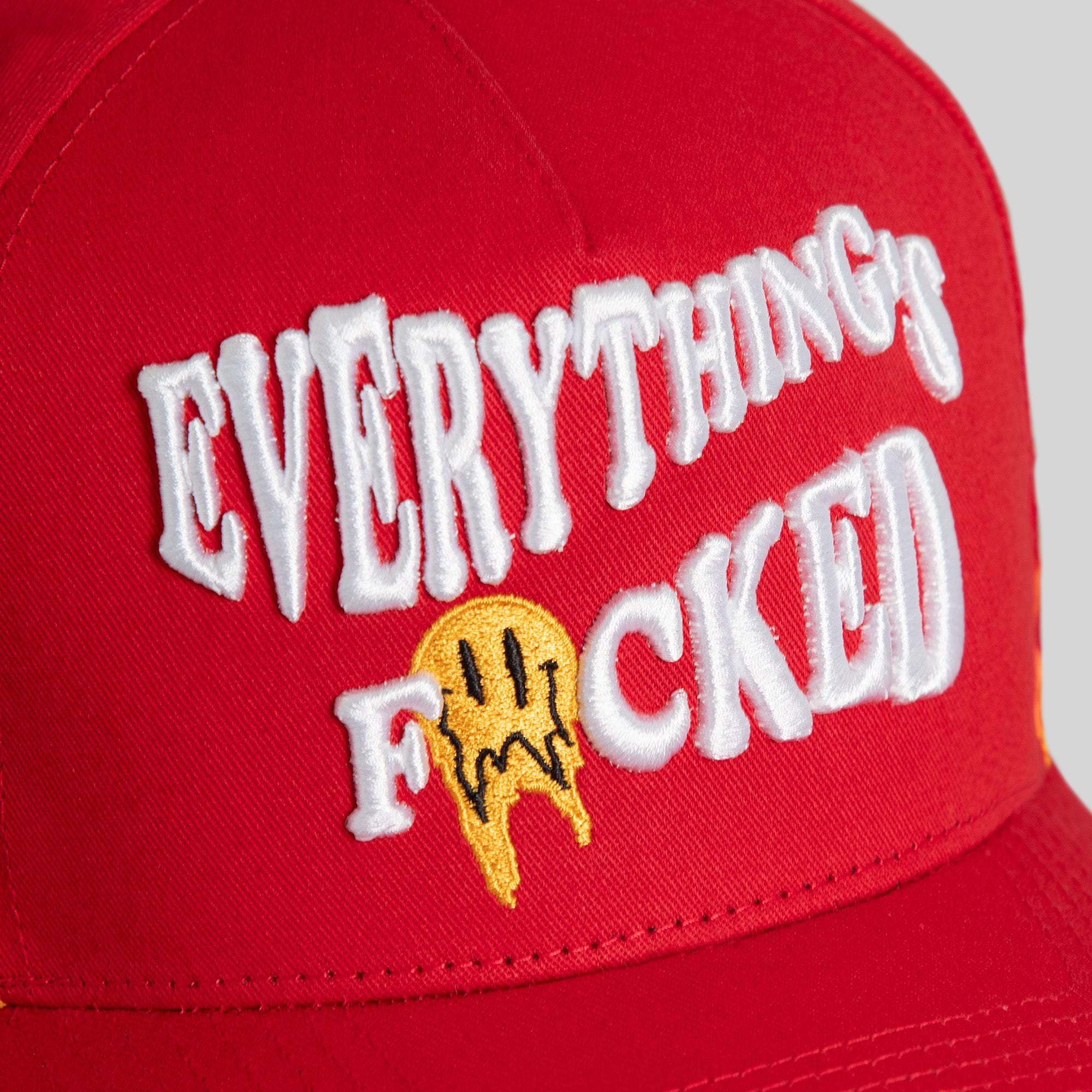 EVERYTHINGS F*CKED FLAMES VARSITY RED TWILL TRUCKER