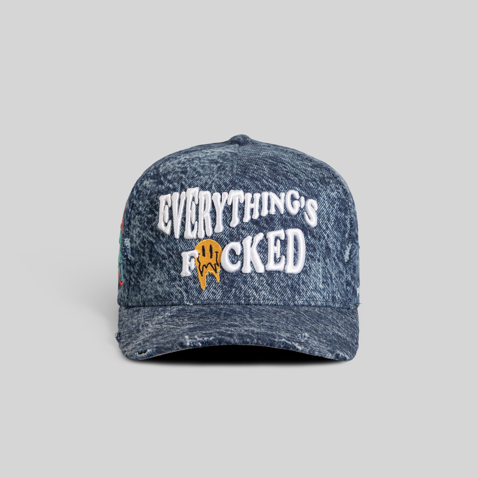 EVERYTHINGS F*CKED WASHED BLUE DISTRESSED DENIM TRUCKER