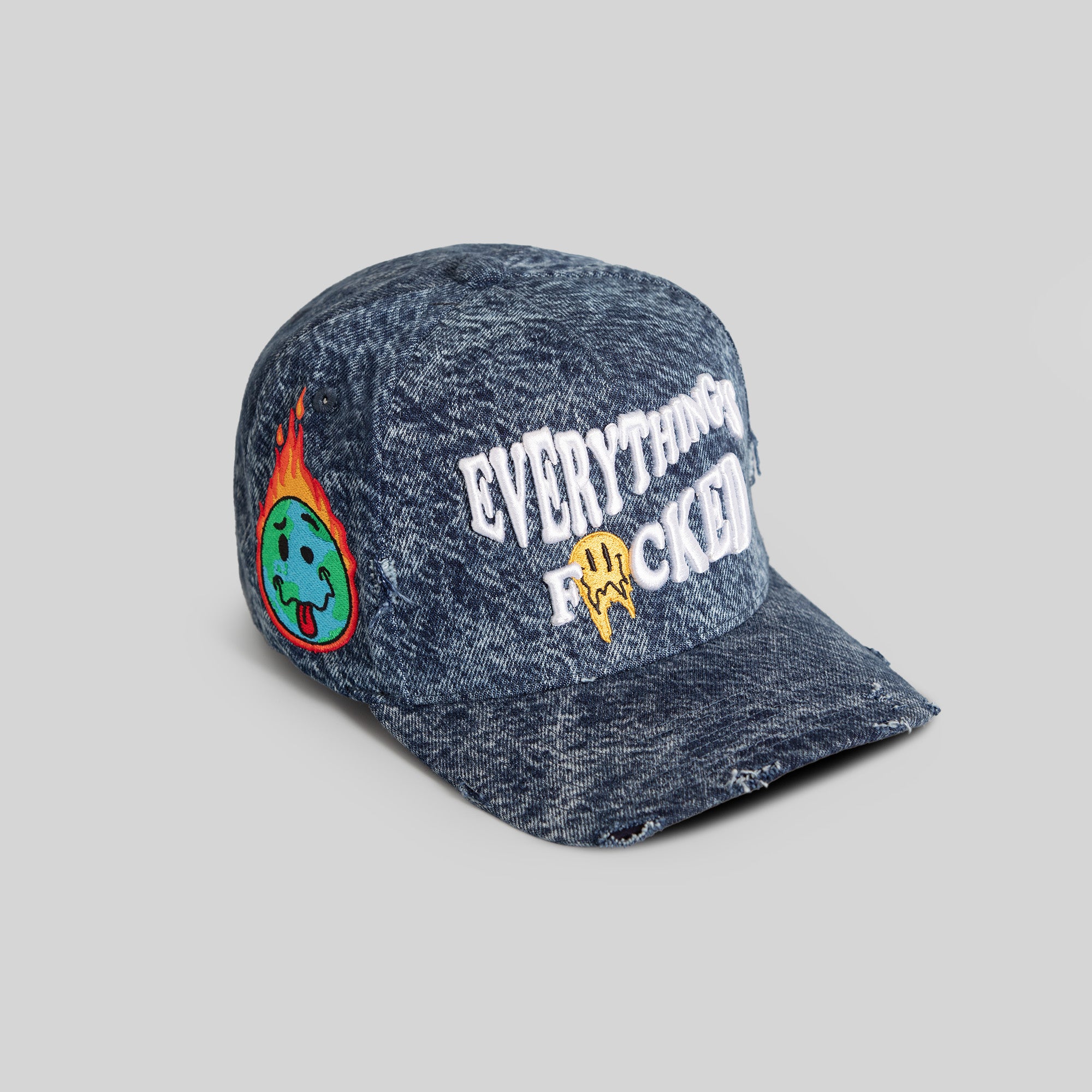 EVERYTHINGS F*CKED WASHED BLUE DISTRESSED DENIM TRUCKER