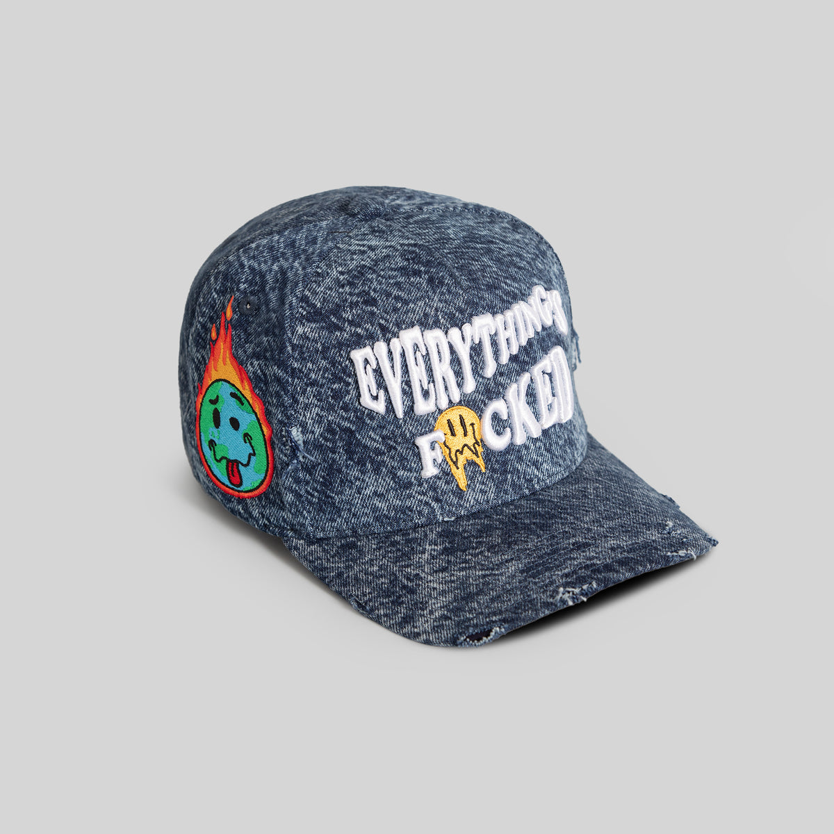 Unisex Denim Distressed Trucker Hat with Patch Distressed Denim Navy Trucker Hat | Von Dutch main image 2