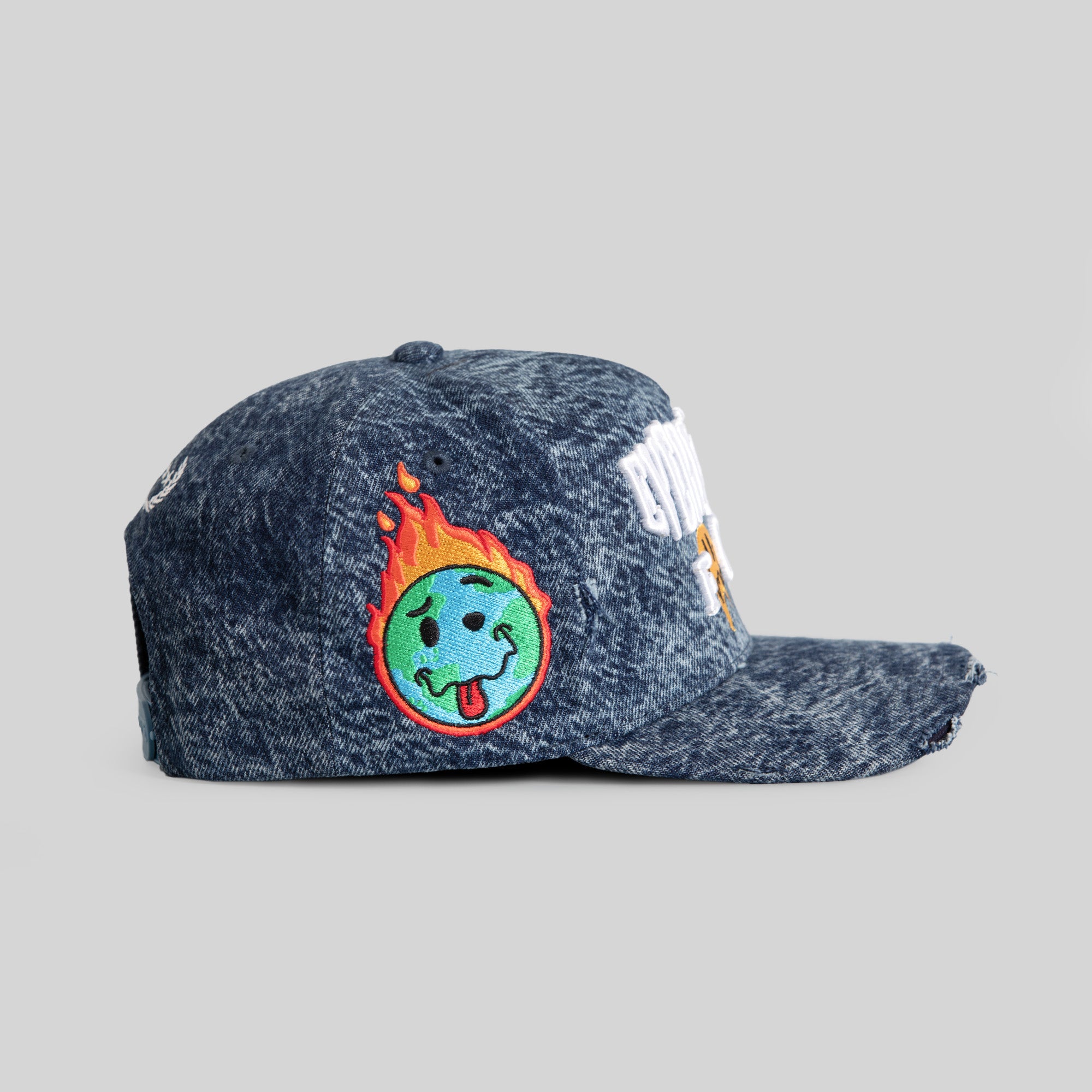 EVERYTHINGS F*CKED WASHED BLUE DISTRESSED DENIM TRUCKER