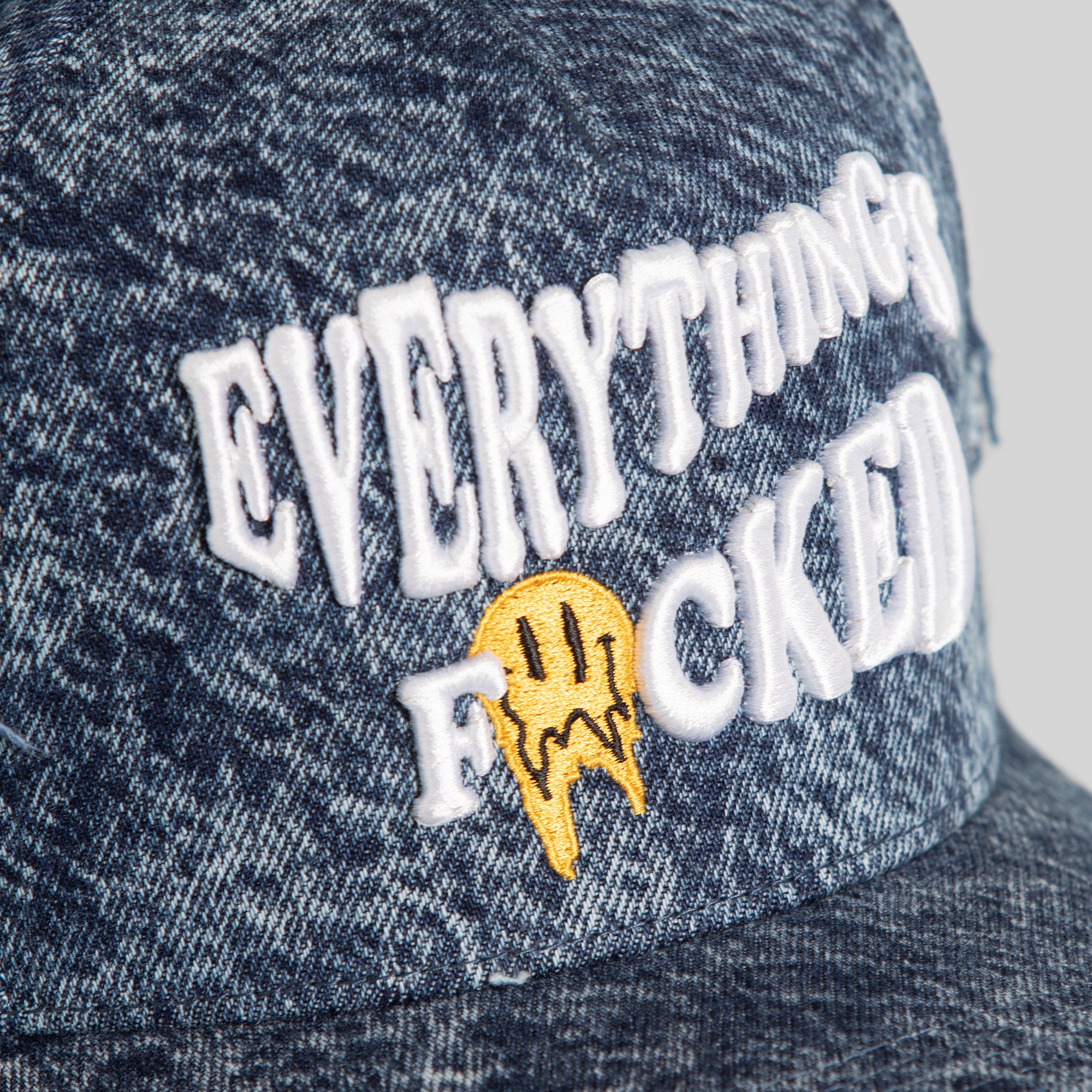 EVERYTHINGS F*CKED WASHED BLUE DISTRESSED DENIM TRUCKER