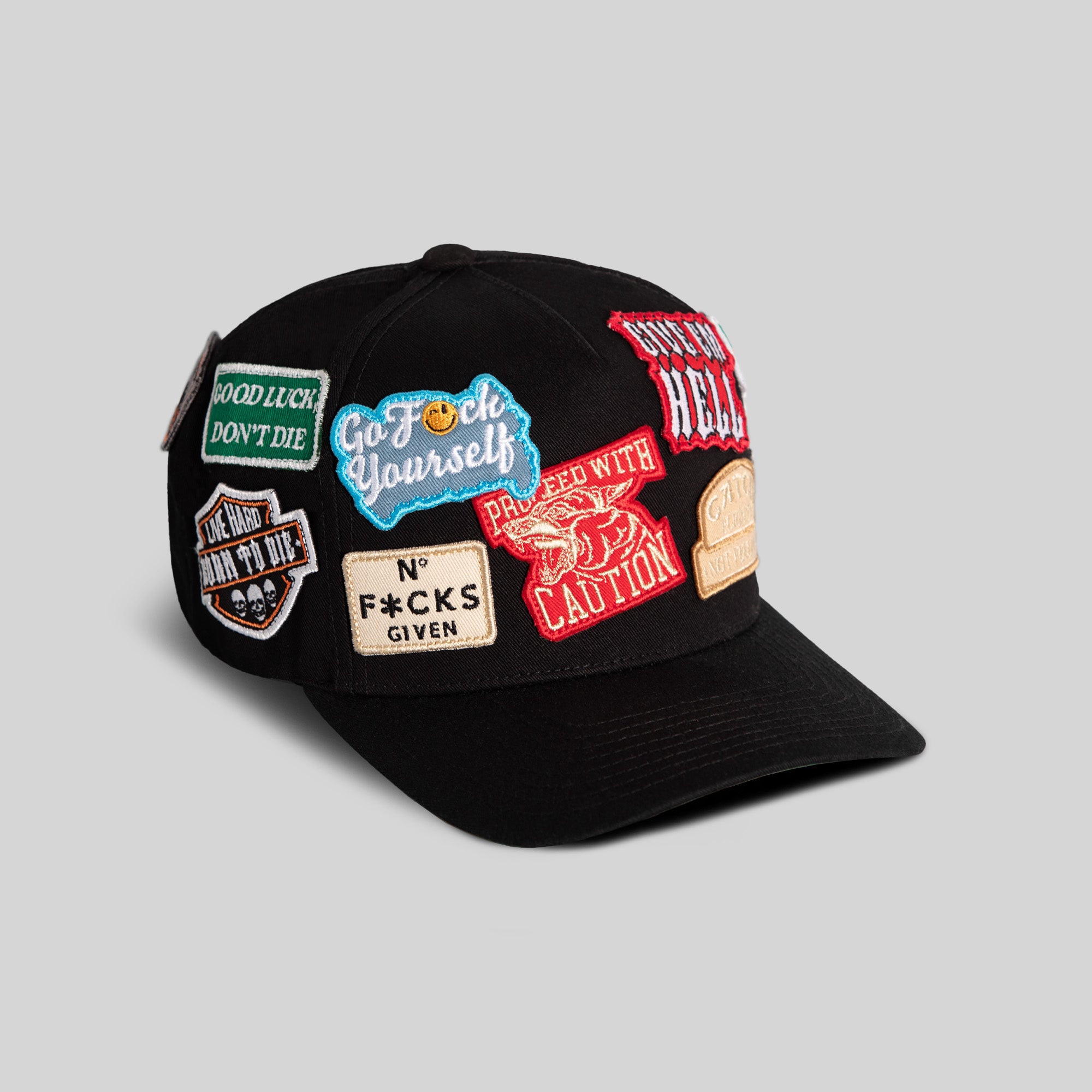 FIELD GRADE LOGOS PATCHWORK BLACK TWILL TRUCKER