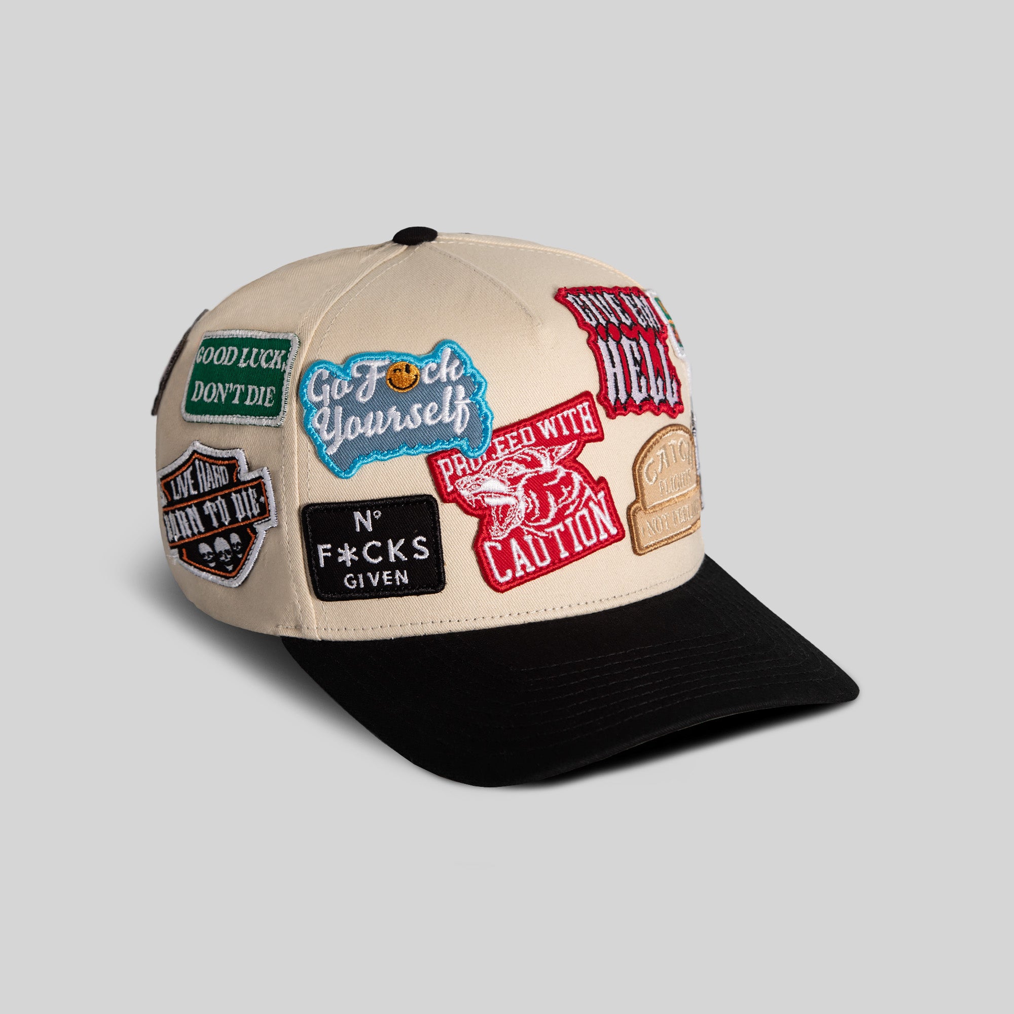 FIELD GRADE LOGOS PATCHWORK SAND BLACK TWILL TRUCKER