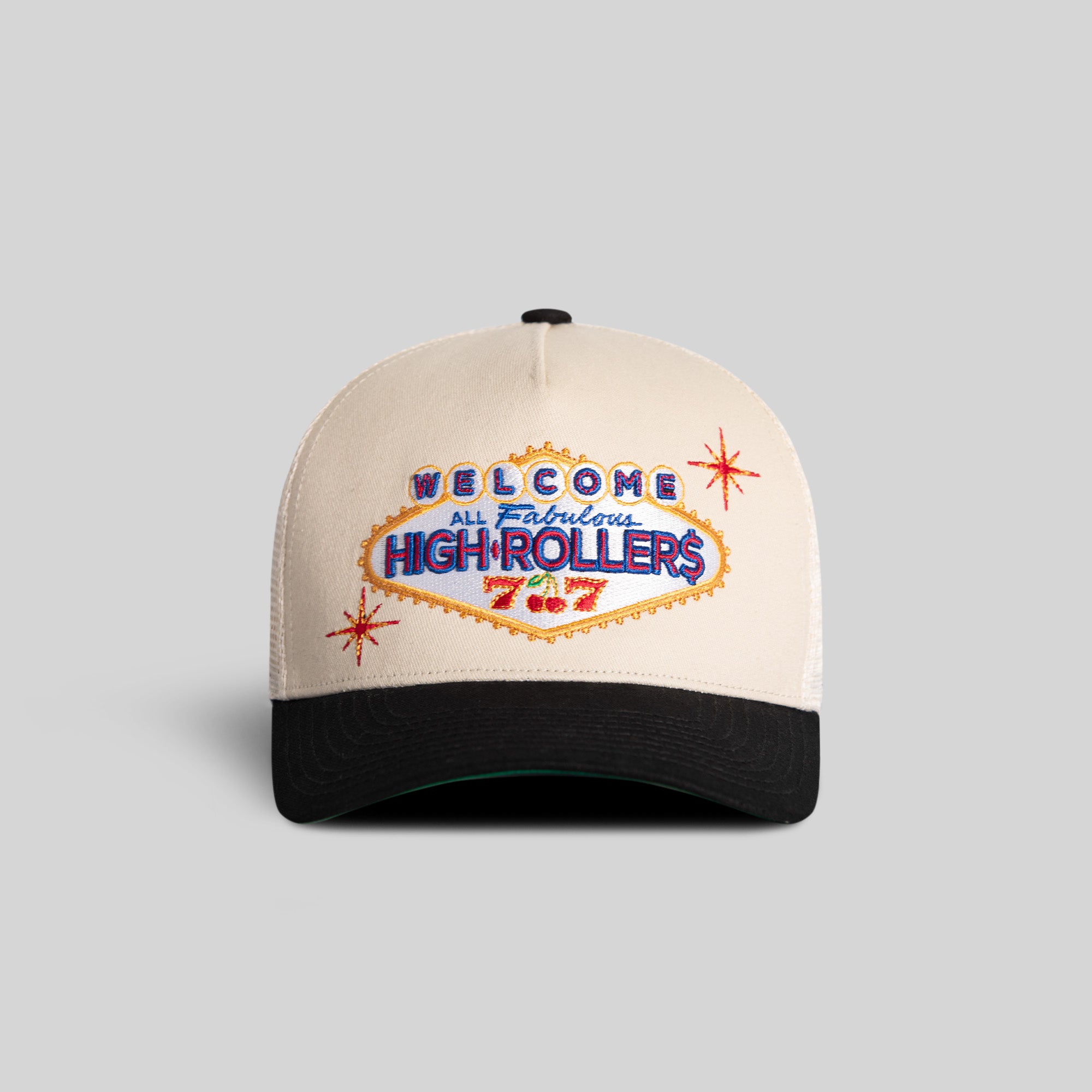 HIGH ROLLERS SAND BLACK TWILL MESH TRUCKER