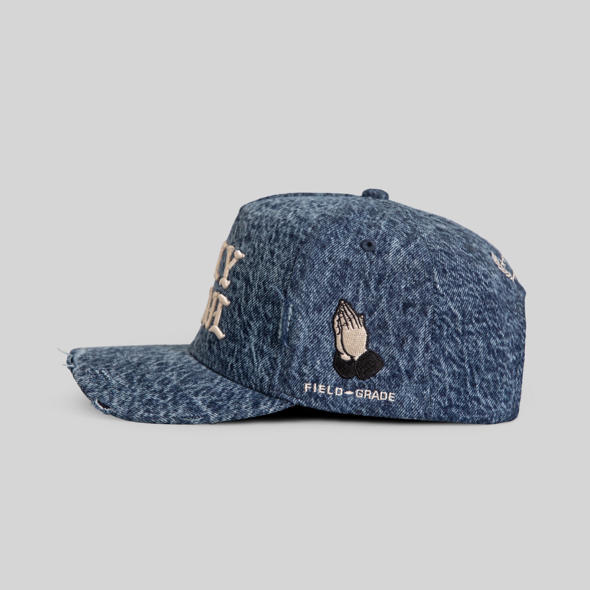 HOLY GRAIL BLUE DISTRESSED DENIM TRUCKER