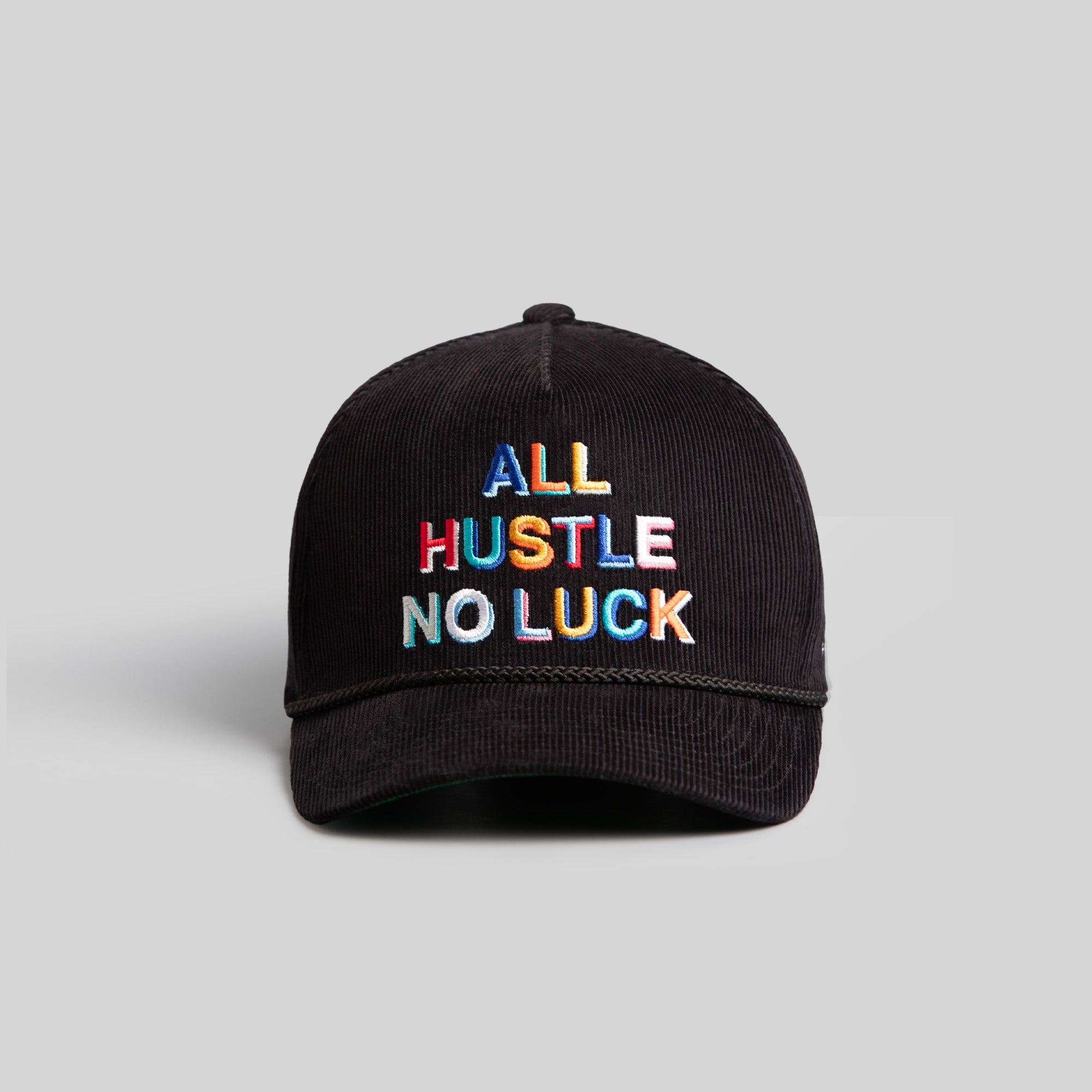 ALL HUSTLE NO LUCK BLACK CORDUROY TRUCKER HAT