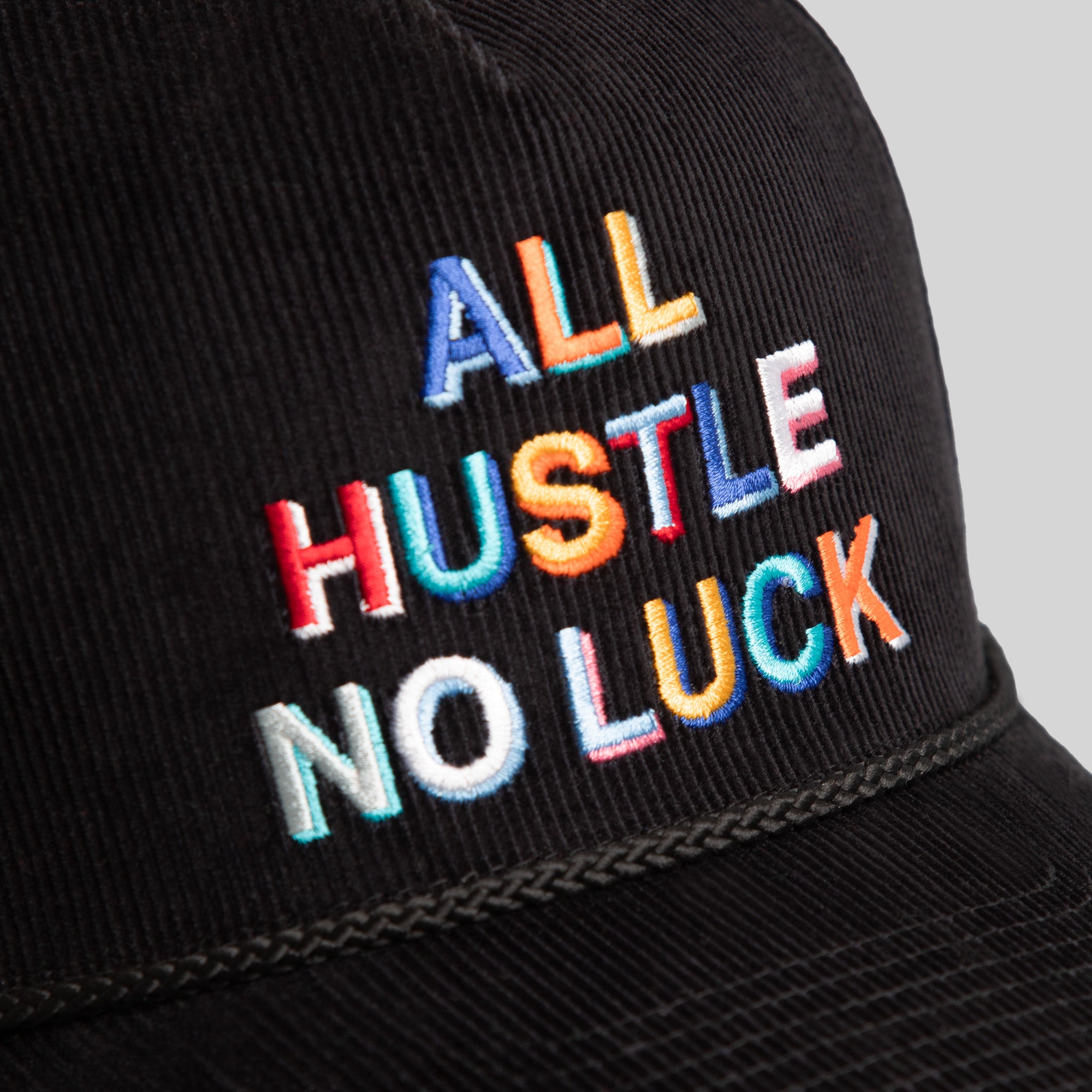 ALL HUSTLE NO LUCK BLACK CORDUROY TRUCKER HAT