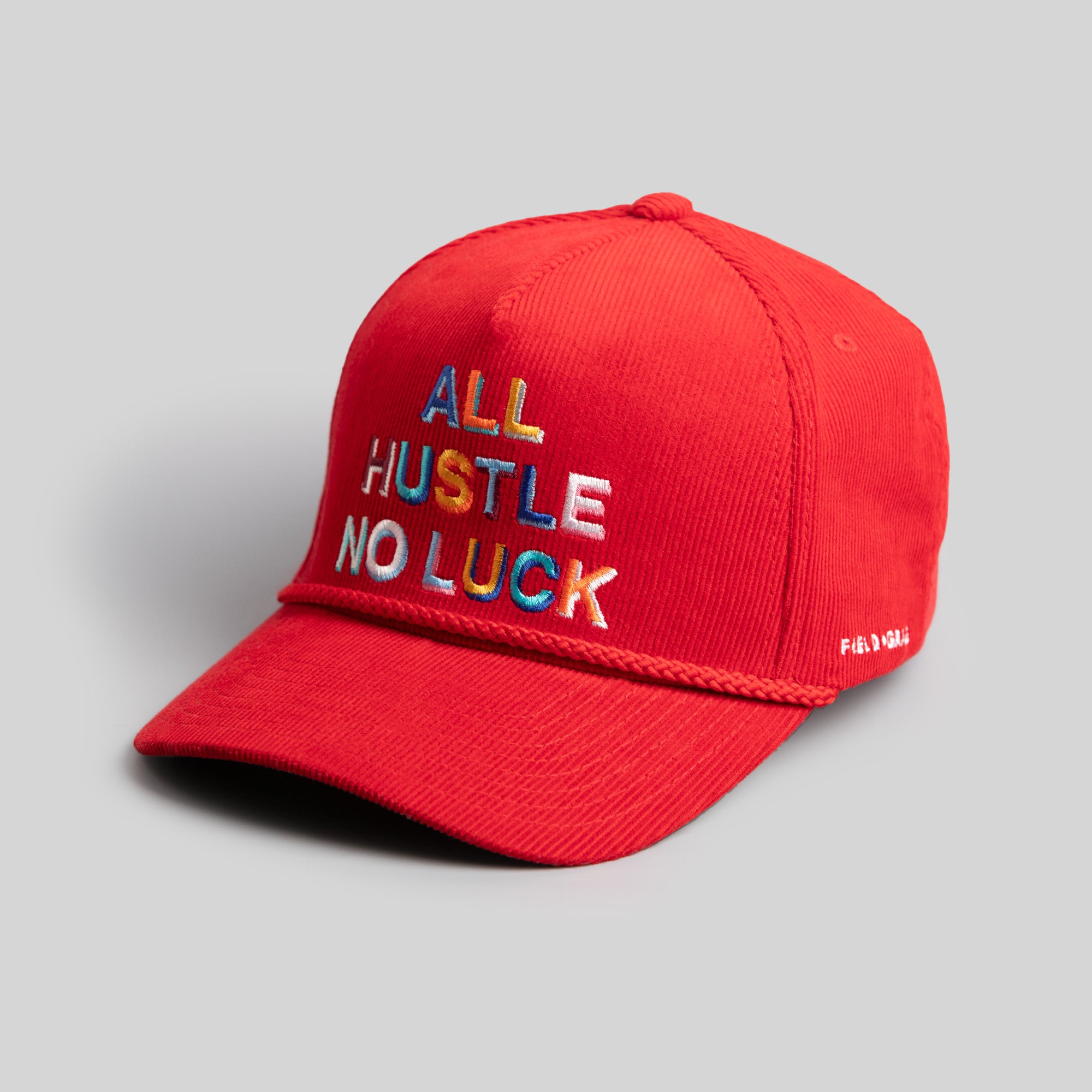 ALL HUSTLE NO LUCK RED CORDUROY TRUCKER HAT