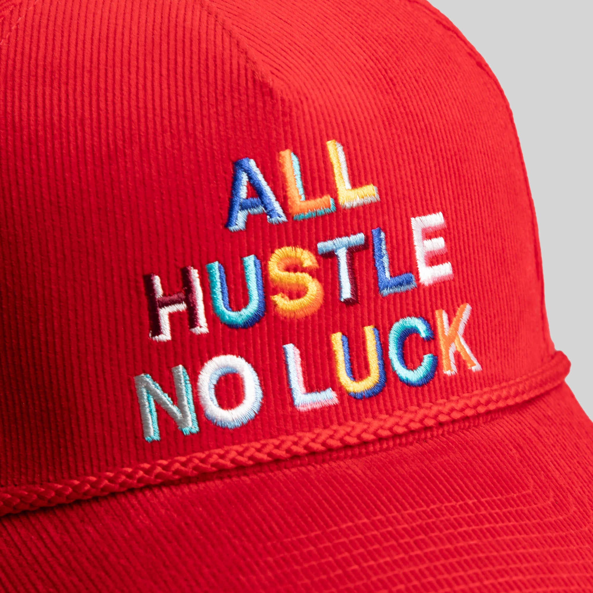 ALL HUSTLE NO LUCK RED CORDUROY TRUCKER HAT