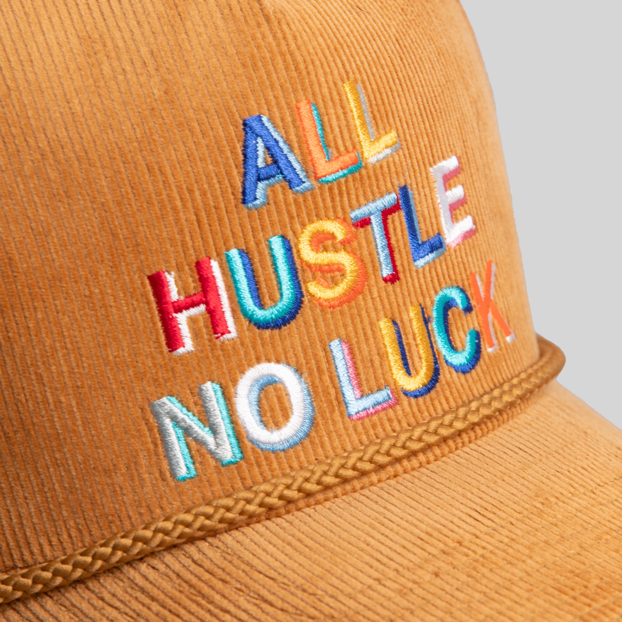 ALL HUSTLE NO LUCK WHEAT CORDUROY TRUCKER HAT