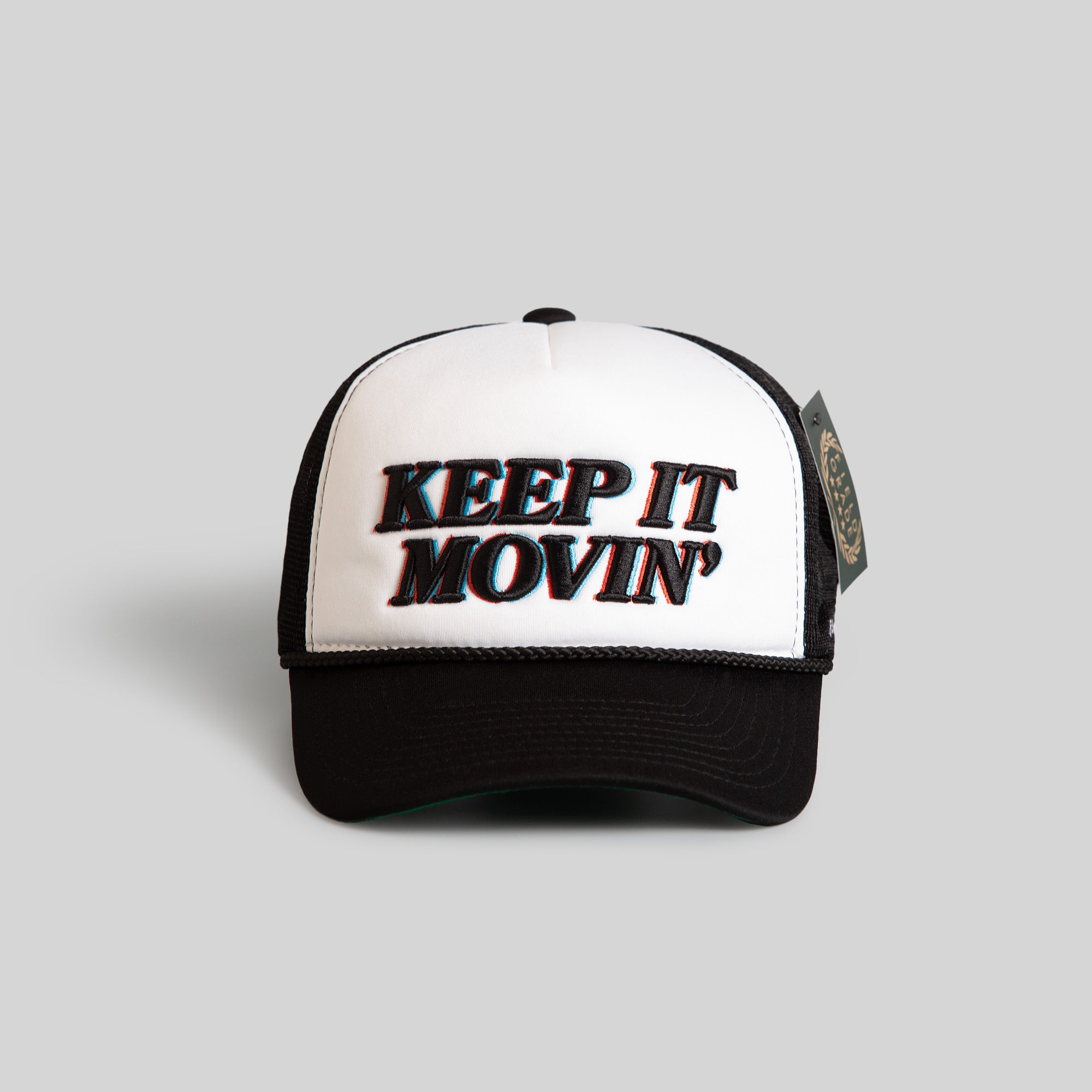 KEEP IT MOVIN' WHITE BLACK TRUCKER HAT