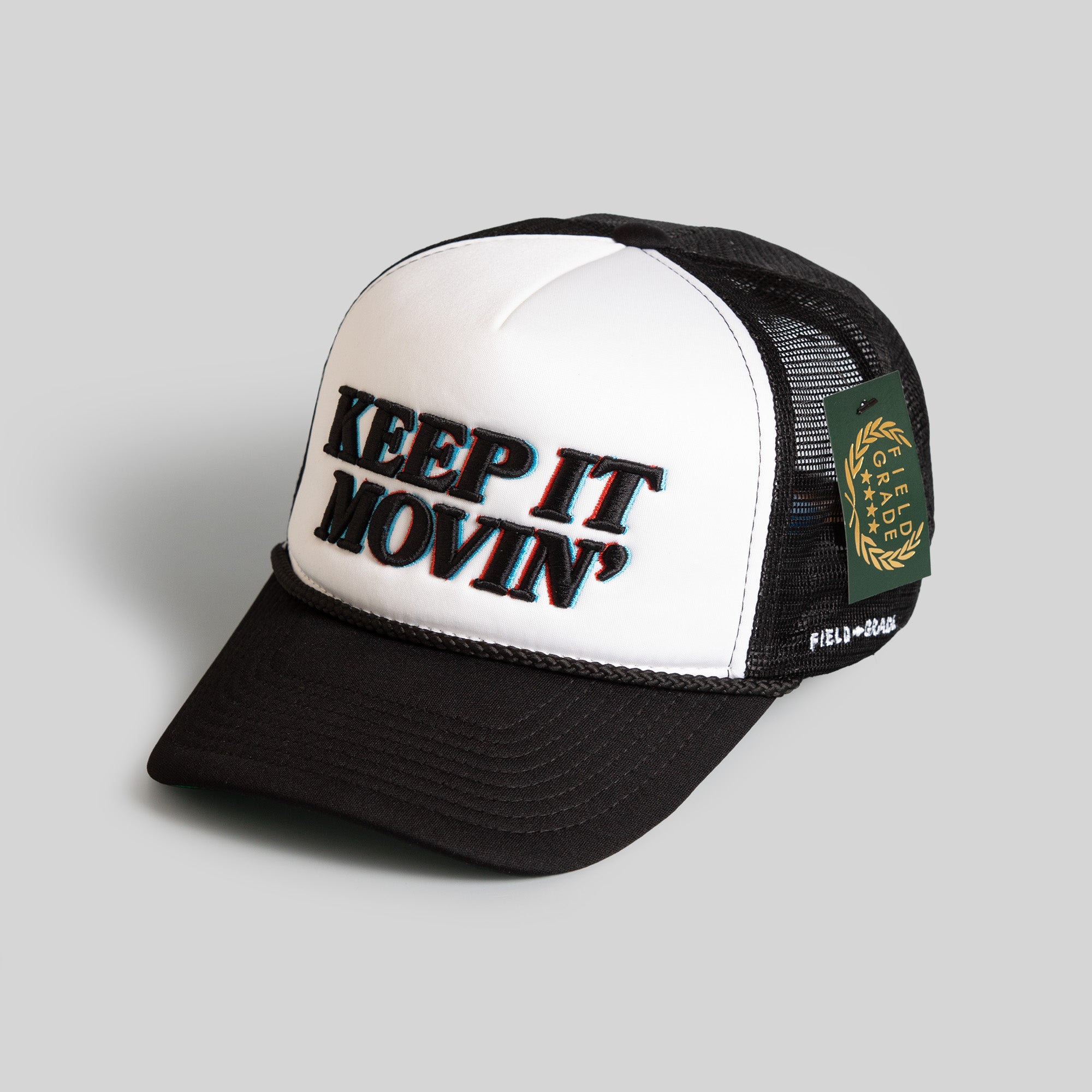KEEP IT MOVIN' WHITE BLACK TRUCKER HAT