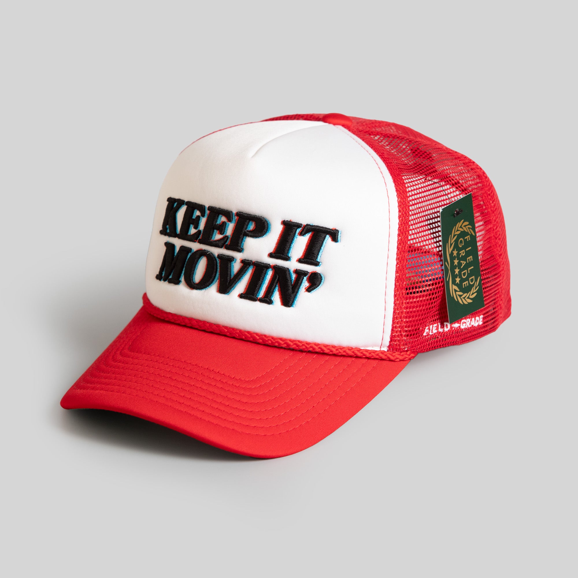 KEEP IT MOVIN' WHITE RED TRUCKER HAT