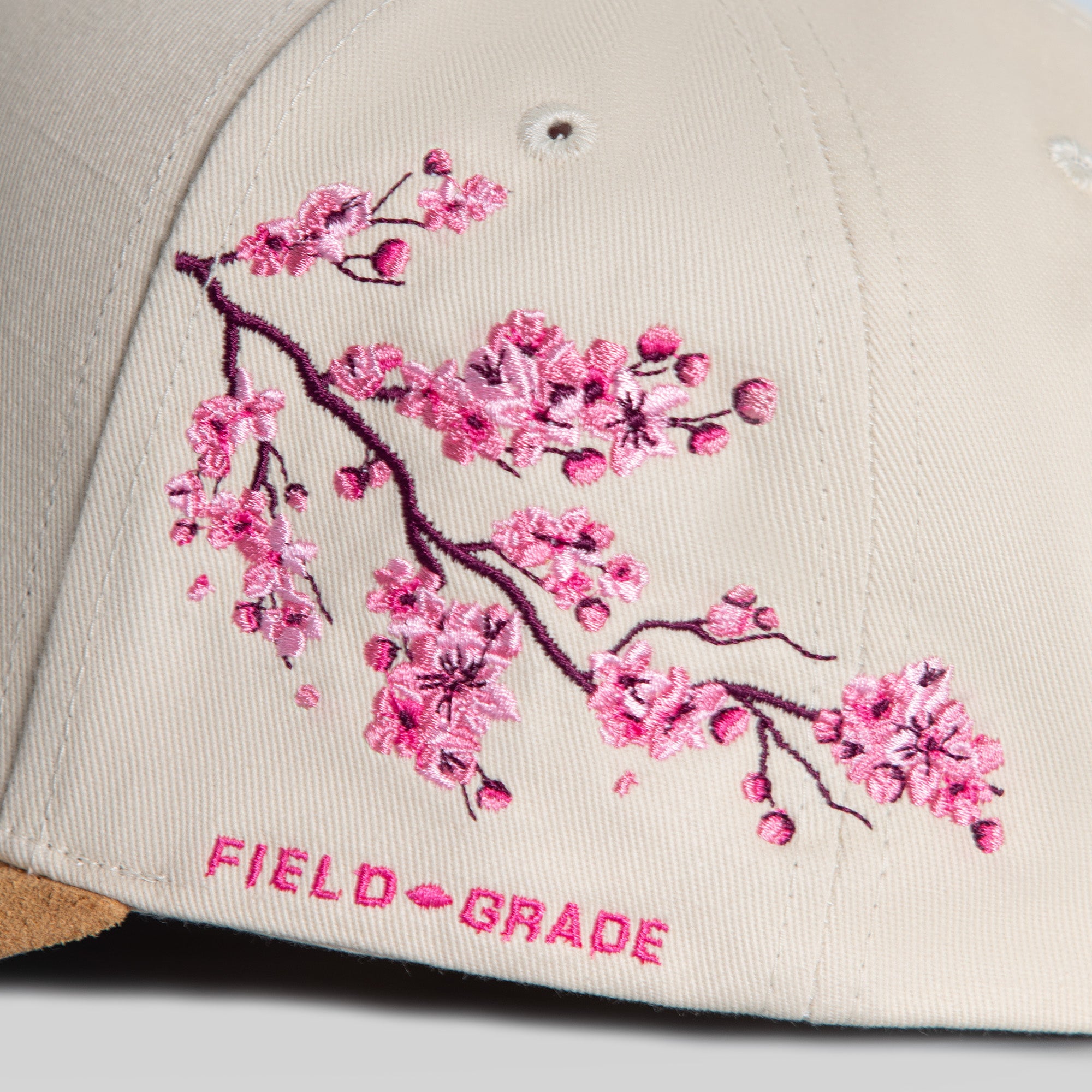 FIELD GRADE X KURVE STUDIO NY IS HEALING CHERRY BLOSSOM TWILL SUEDE TRUCKER