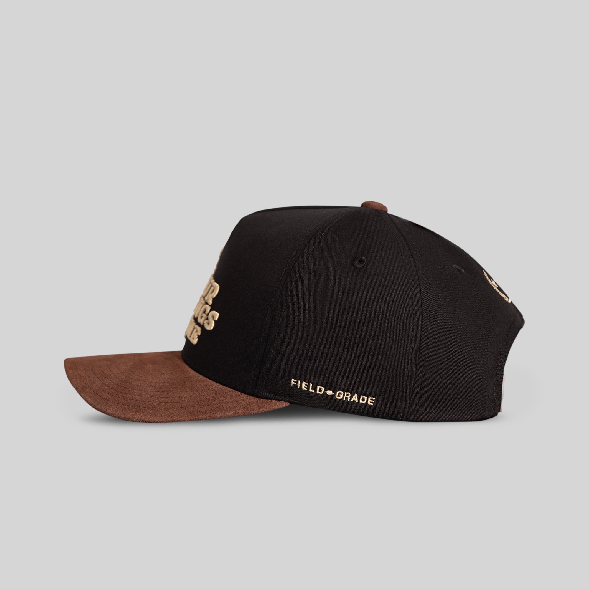 LEAVE YOUR FEELINGS BLACK MOCHA TWILL SUEDE TRUCKER