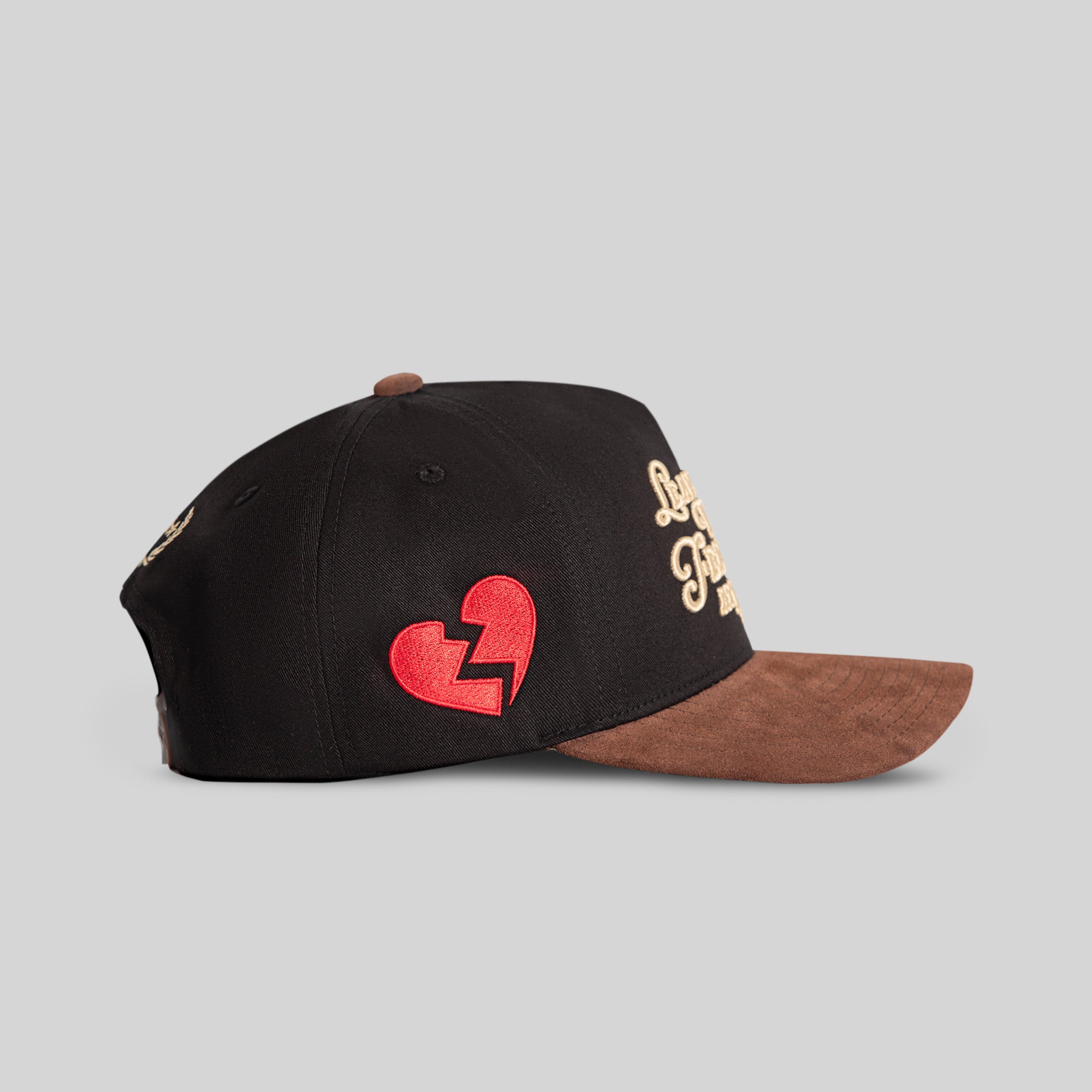 LEAVE YOUR FEELINGS BLACK MOCHA TWILL SUEDE TRUCKER