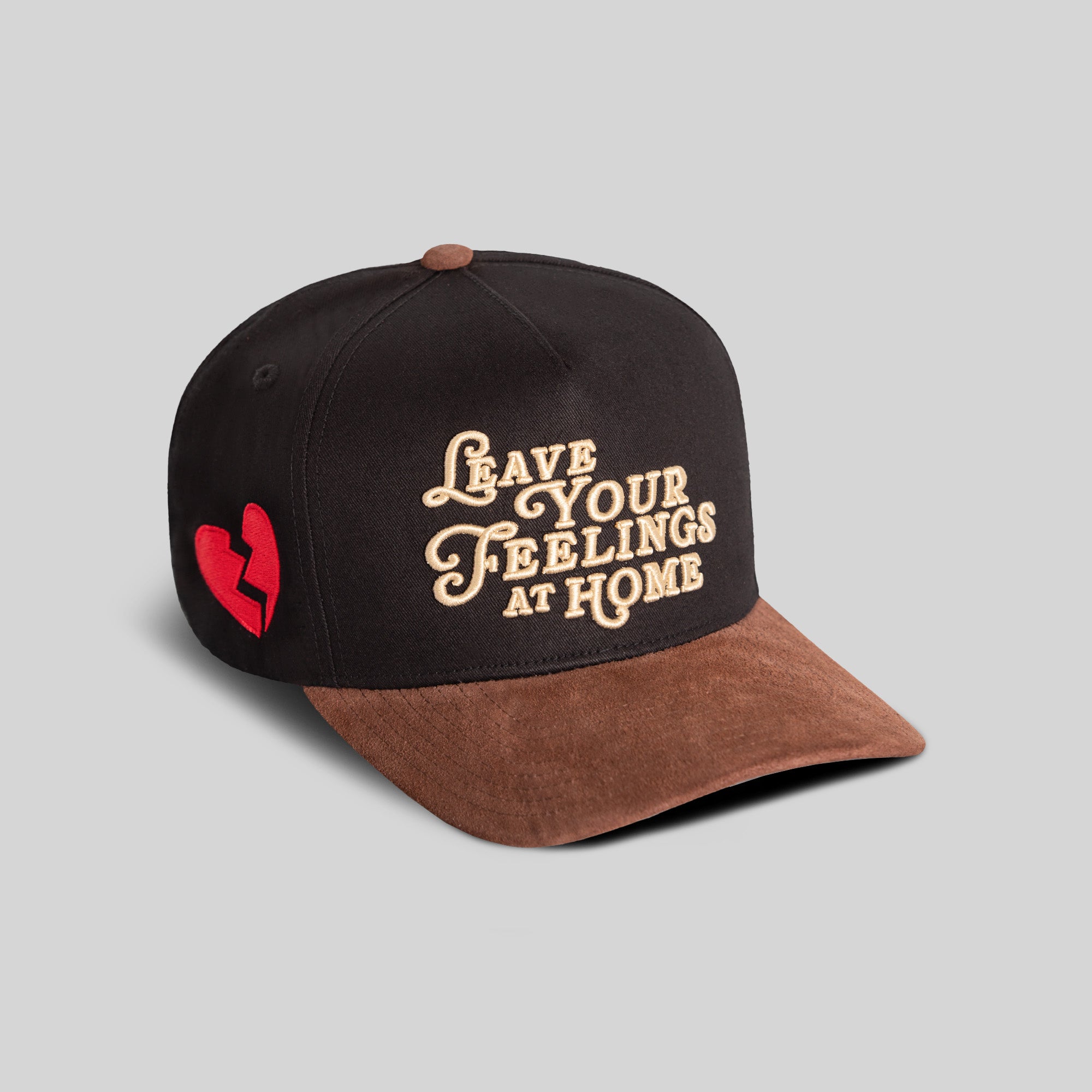 LEAVE YOUR FEELINGS BLACK MOCHA TWILL SUEDE TRUCKER