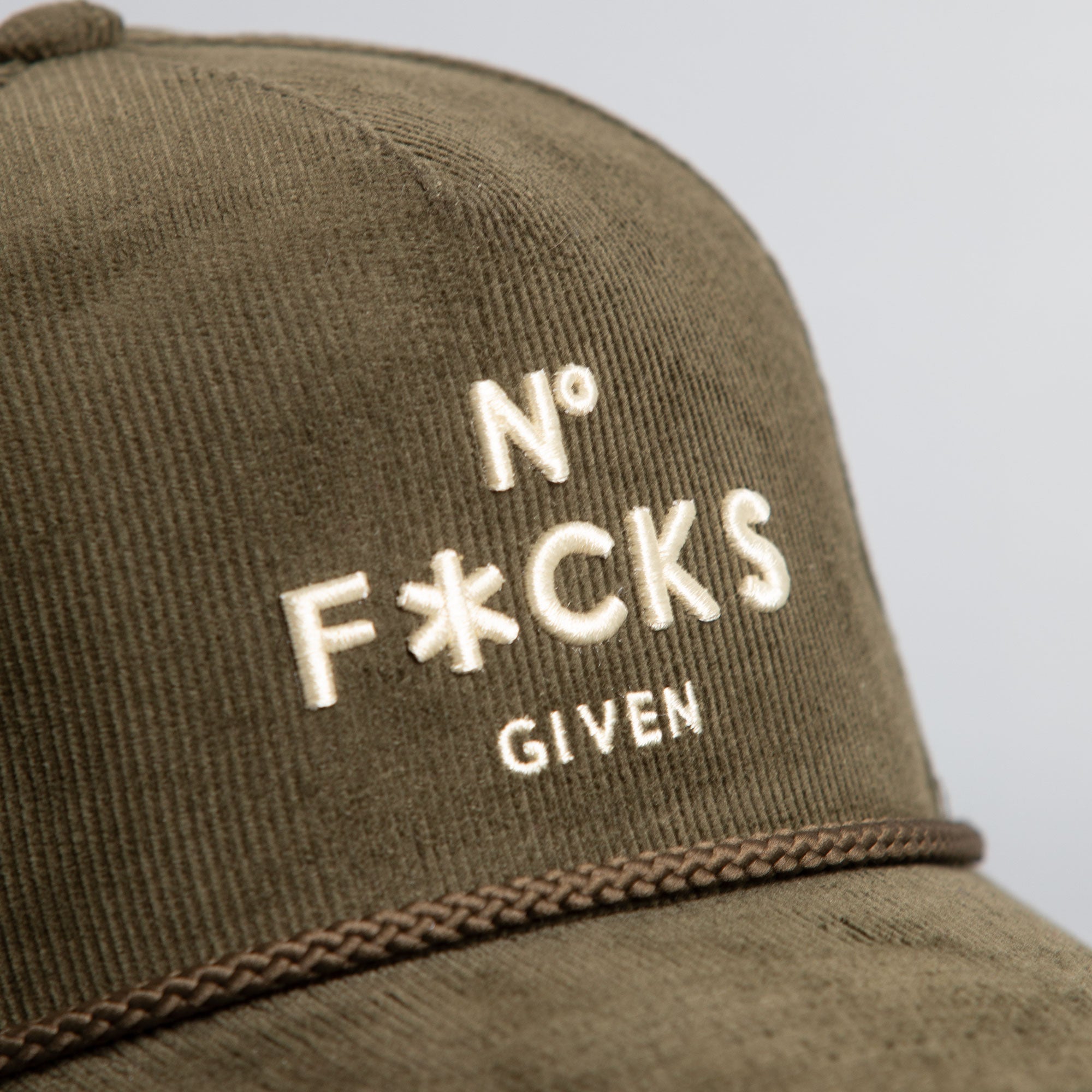 NO F*CKS GIVEN OLIVE CORDUROY TRUCKER HAT